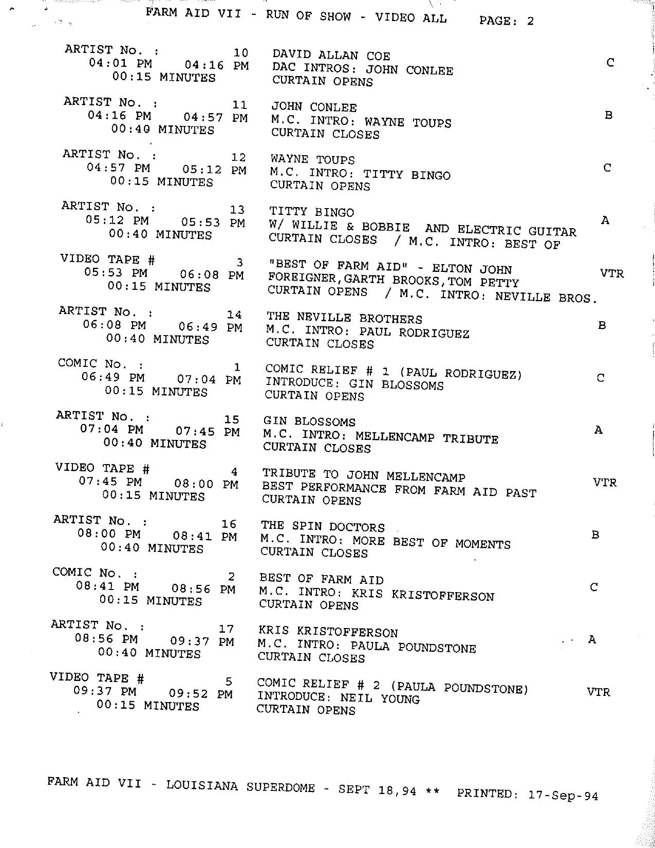 Farm Aid VII run-of-show, page 2 — September 18, 1994, Louisiana Superdome, New Orleans. Late-afternoon and evening artist slots, video segments, and stage cues.