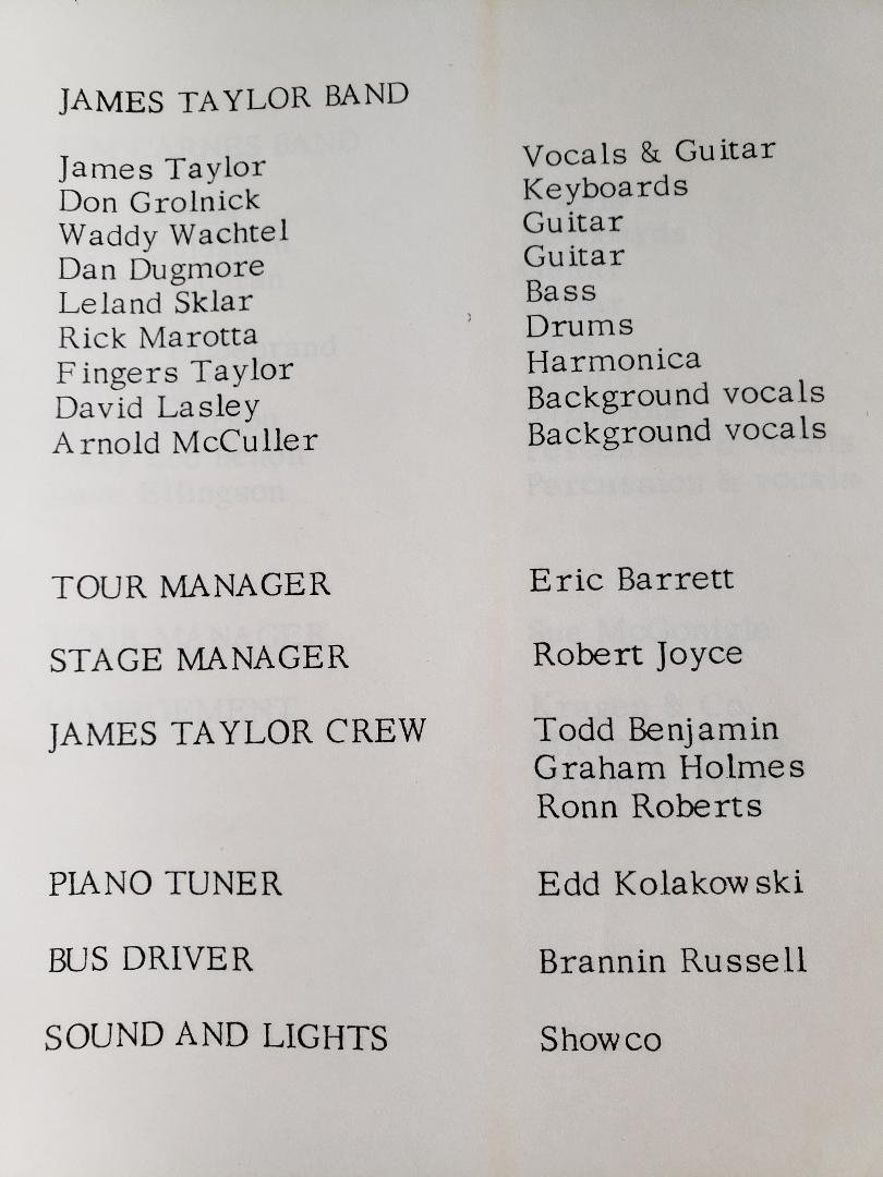 James Taylor Summer Tour 1980 crew list — page 1