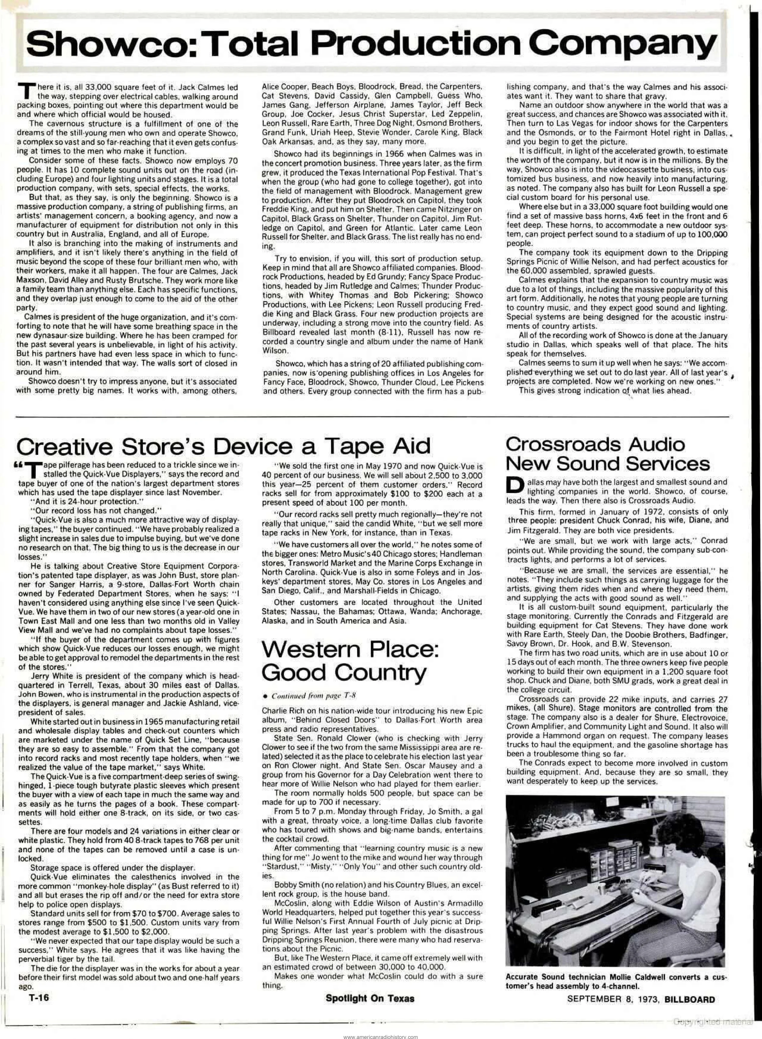Billboard, September 8, 1973 — “Showco: Total Production Company” names David Alley alongside Jack Calmes, Jack Maxson and Rusty Brutsche as the four principals running Showco during this period of rapid expansion. The feature documents Showco’s grow