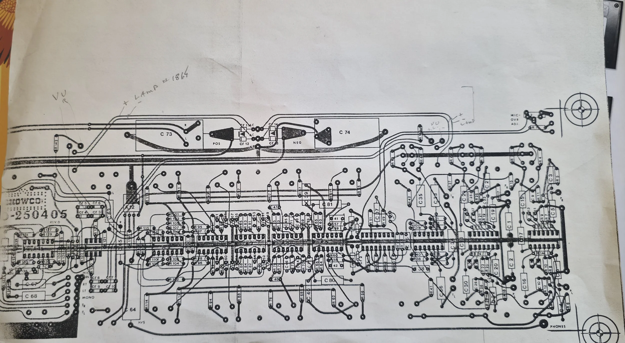 Showco SD-250405 circuit-board layout - right section with handwritten notes.