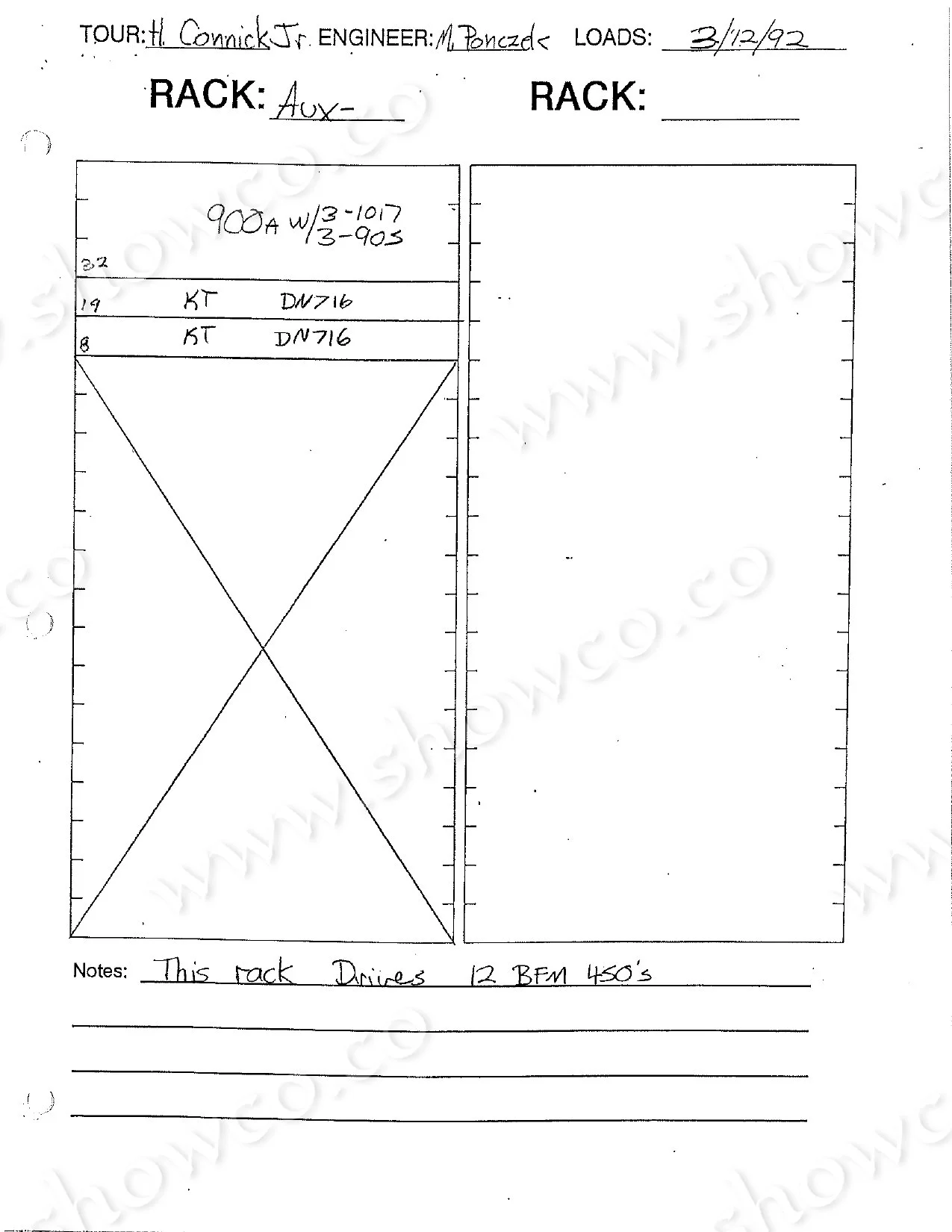 Harry Connick Jr. 1992 rack layout with handwritten equipment assignments.