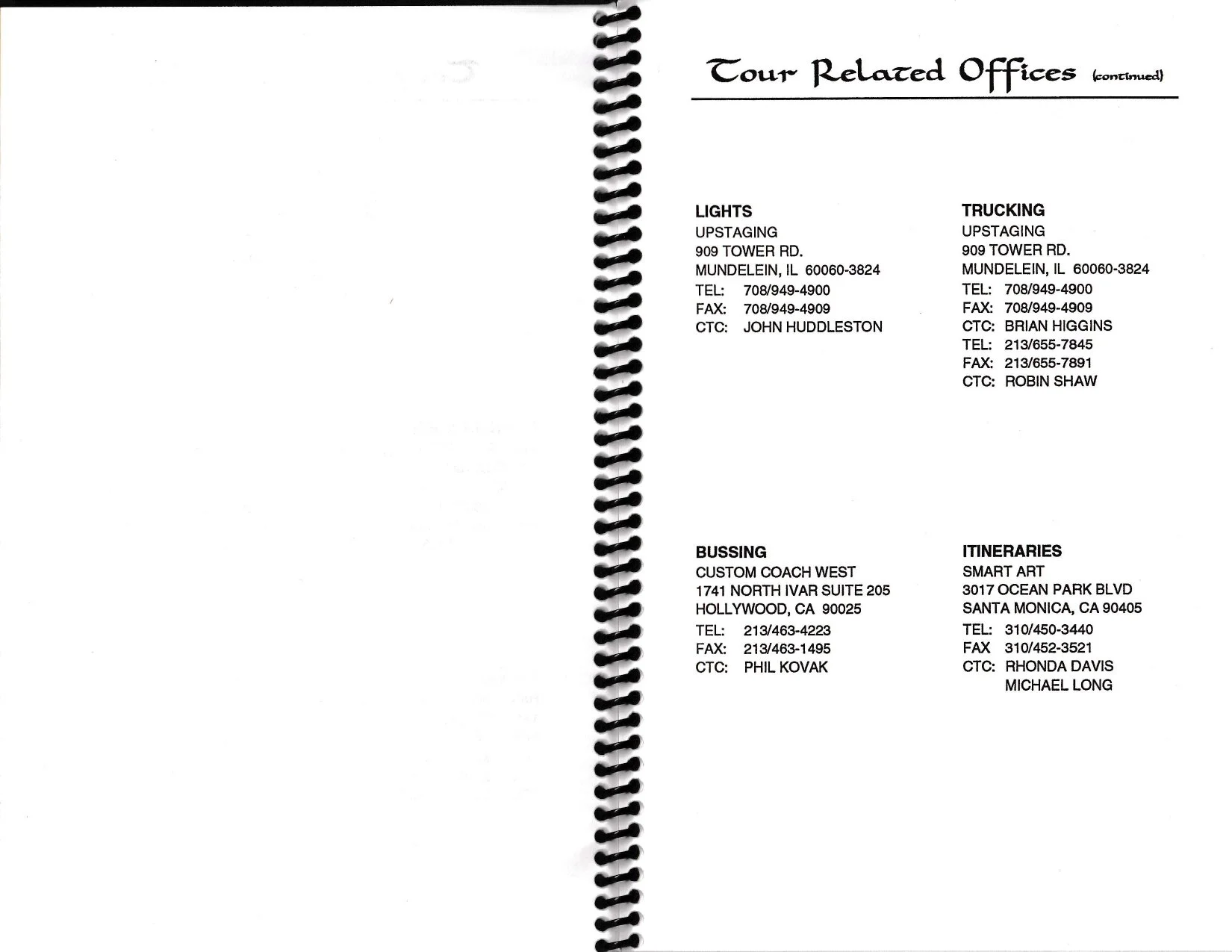 Carole King’s 1993 Colour of Your Dreams tour itinerary: production supplier contacts.