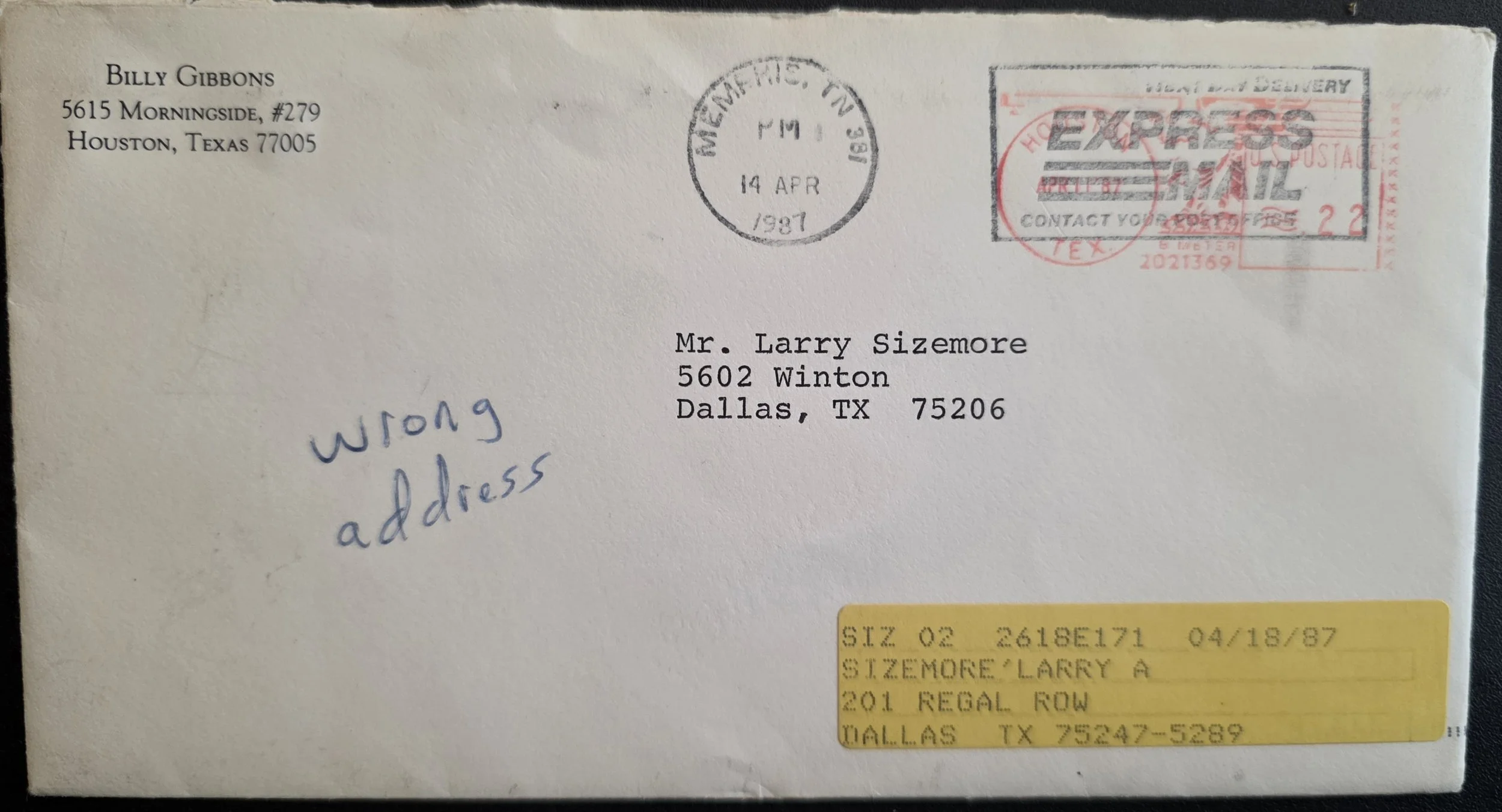 envelope/letter from Billy Gibbons