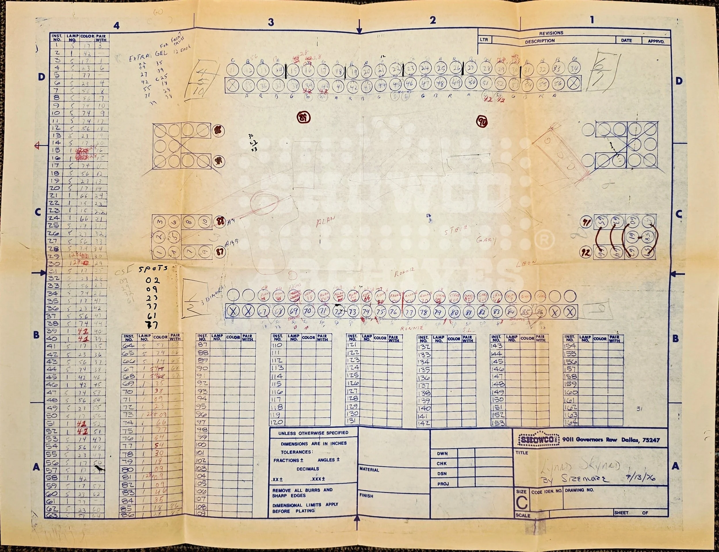 9/13/1976 LYNYRD SKYNYRD LIGHTING PLOT BY ALUM LARRY SIZEMORE