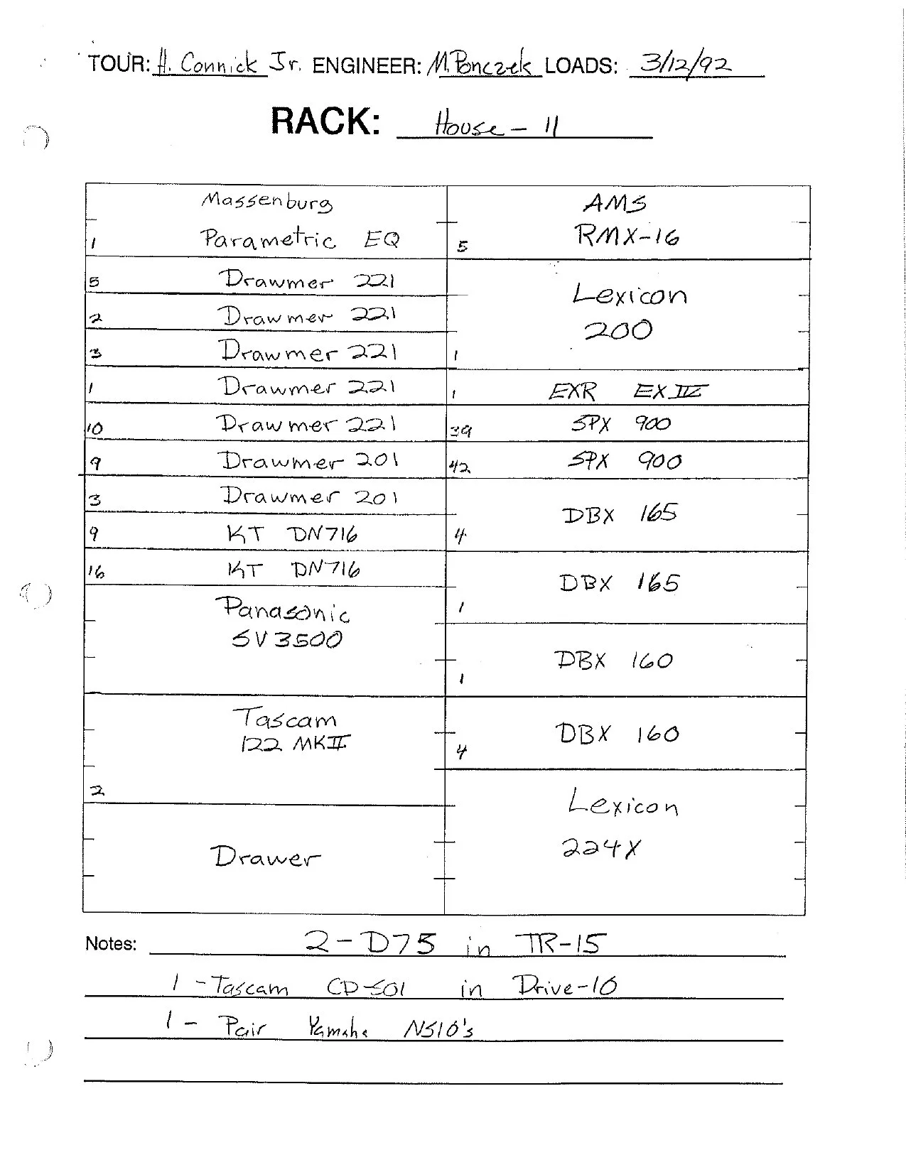 Harry Connick Jr. 1992 tour-system rack chart, page 4.