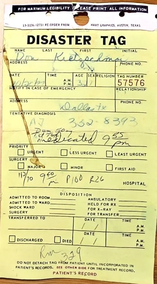 Donnie “DK” Kretzschmar’s disaster identification tag following the October 20, 1977 Lynyrd Skynyrd plane crash.