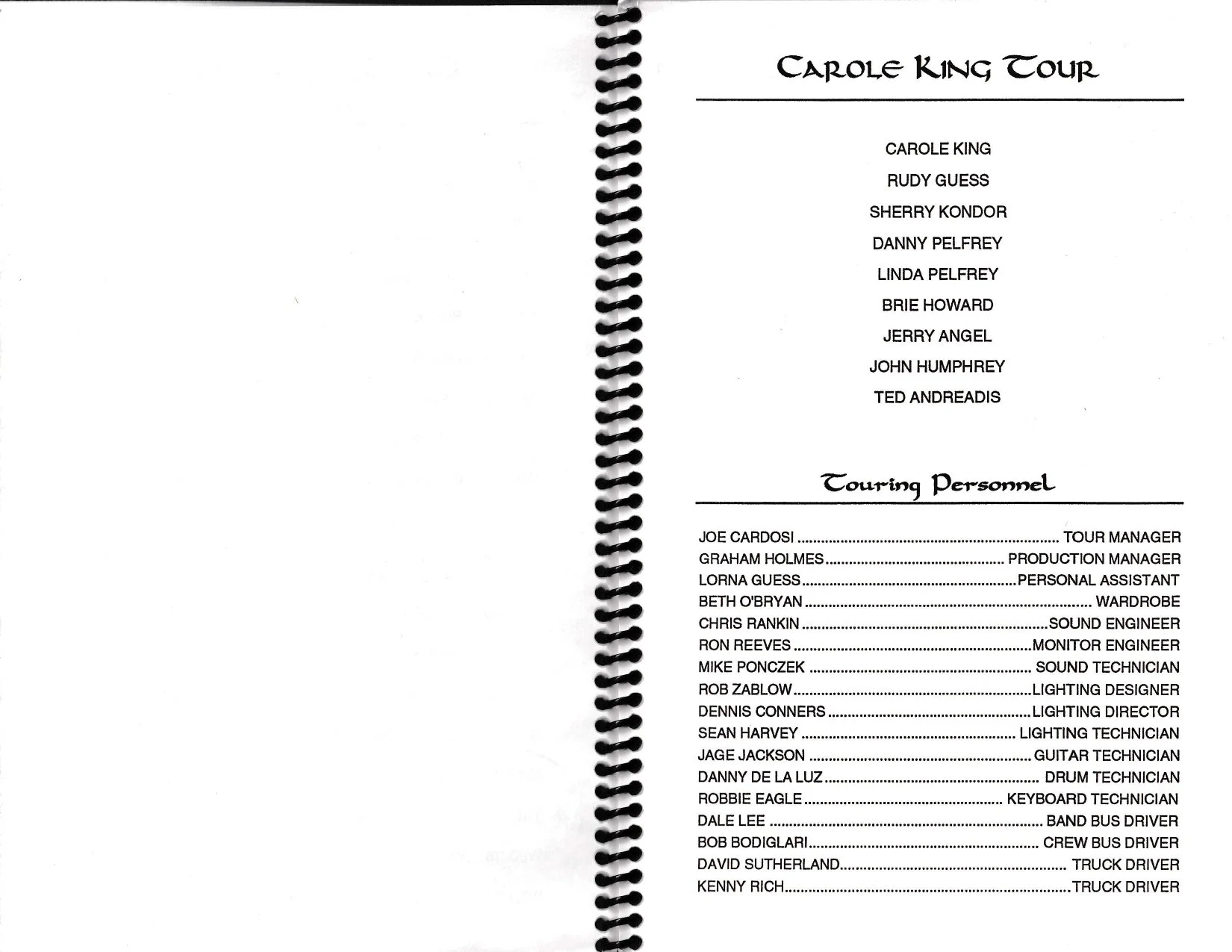 Carole King’s 1993 Colour of Your Dreams tour itinerary: band and touring personnel.