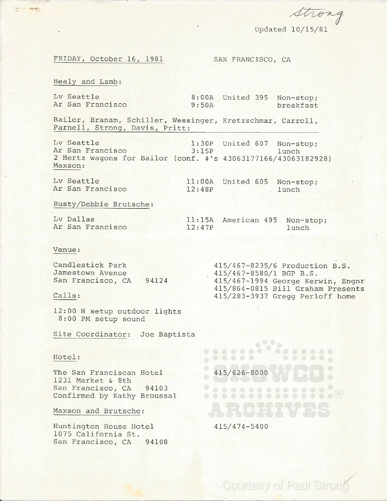 Scanned October 16, 1981 Rolling Stones itinerary listing crew travel and Candlestick Park setup in San Francisco, with Strong handwritten at the top.