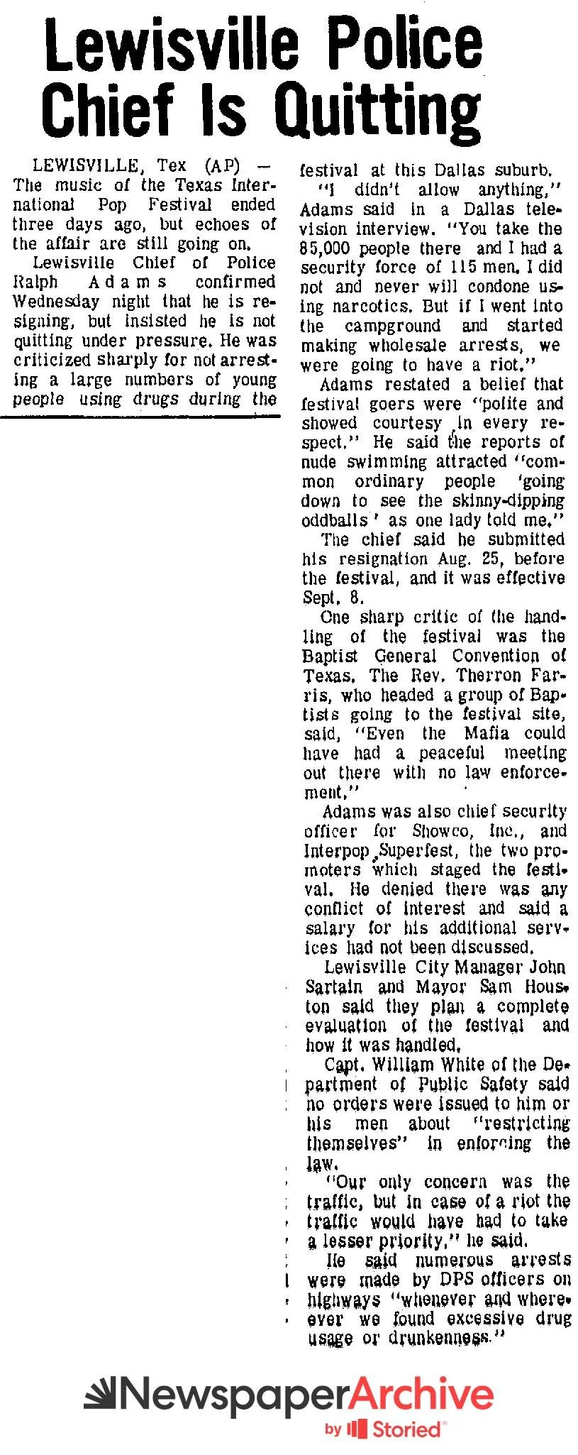 Newspaper article titled "Lewisville Police Chief Is Quitting". The article reports on Texas police chief Ralph Adams resigning amid drug arrests and festival security concerns, with comments from city officials and security officers.