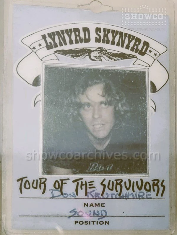Donnie “DK” Kretzschmar’s 1977 Lynyrd Skynyrd Tour of the Survivors crew pass, with his photograph and name.