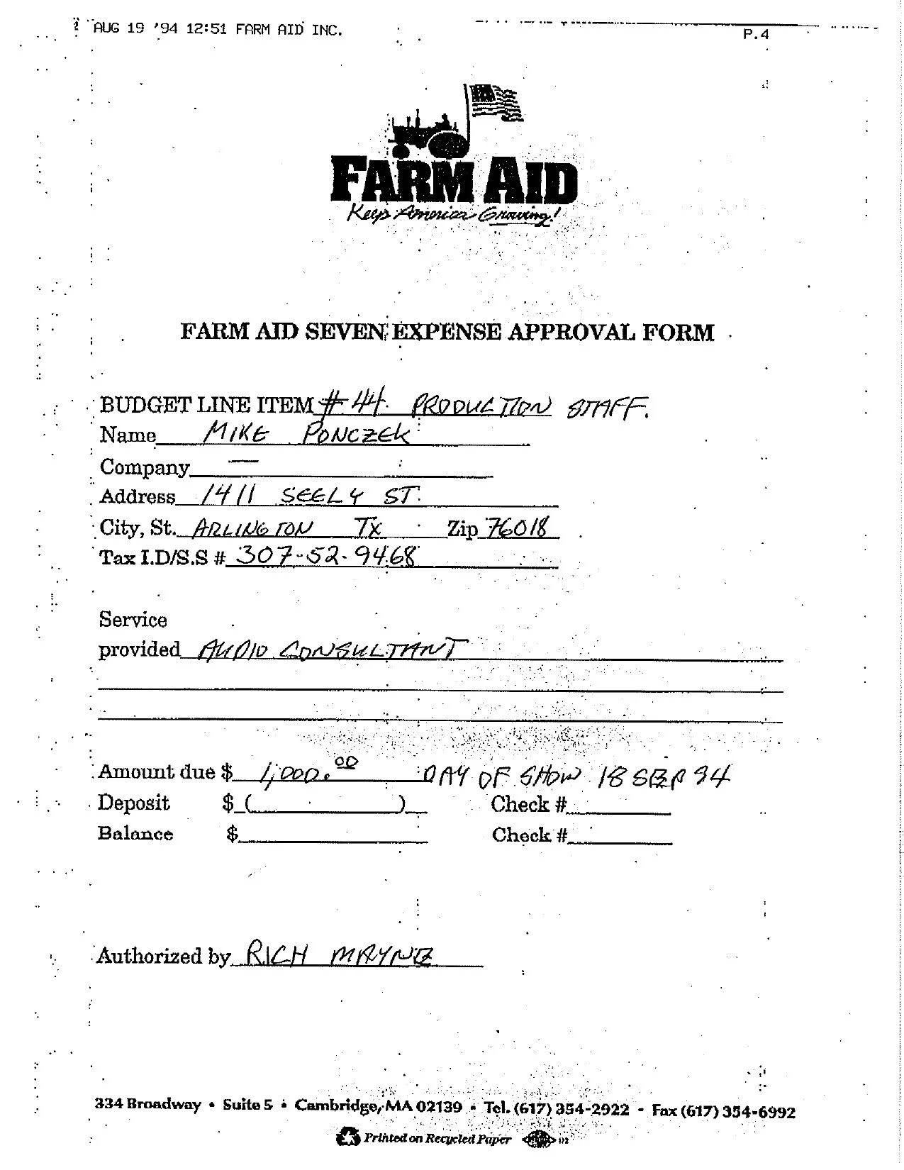 Farm Aid VII expense approval form for Mike Ponczek’s work as audio consultant for the September 18, 1994 show.