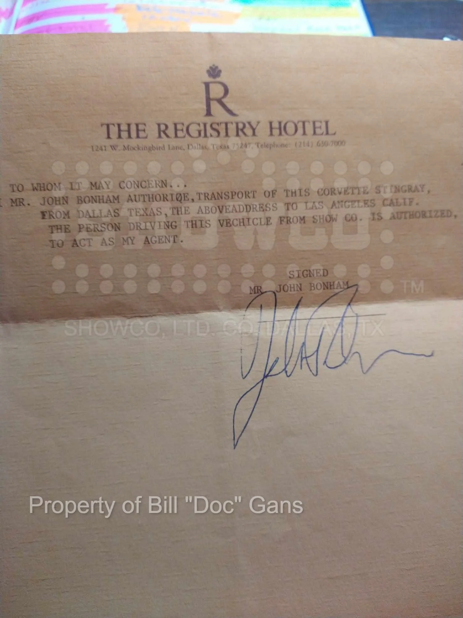 John Bonham signed letter on Registry Hotel letterhead for delivery of Vette to LA.