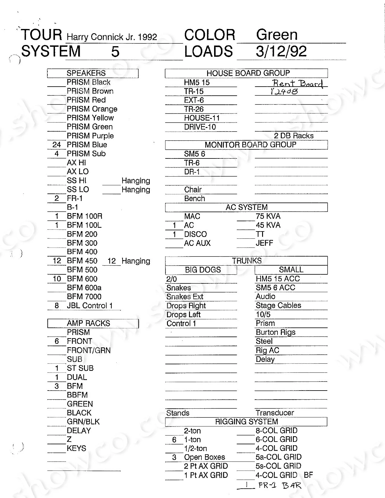 Harry Connick Jr. 1992 sound equipment list with handwritten annotations.