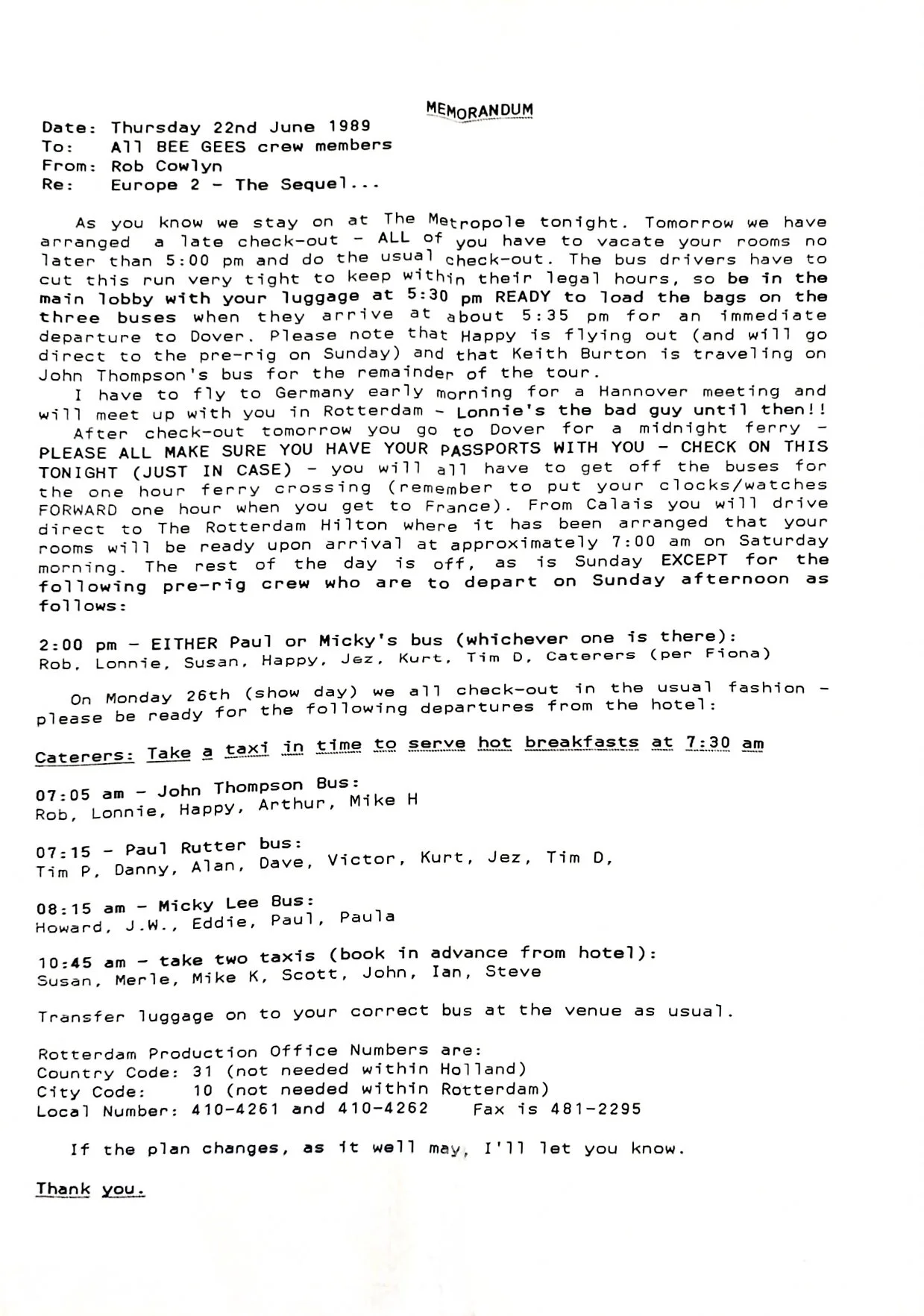 Bee Gees – Original Crew Memorandum, "Europe 2 – The Sequel," June 22, 1989 | Johnny "JW" Roberts 