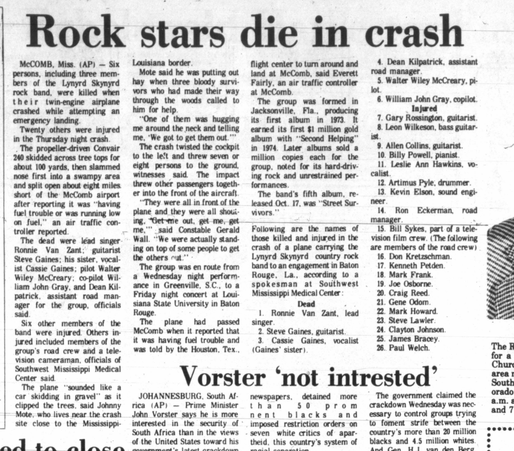 The Pampa News, October 21, 1977, page 11. The Associated Press article “Rock stars die in crash” names Paul Welch among the injured road crew. Source: Texas Tech University, Southwest Collection/Special Collections Library newspaper archive.