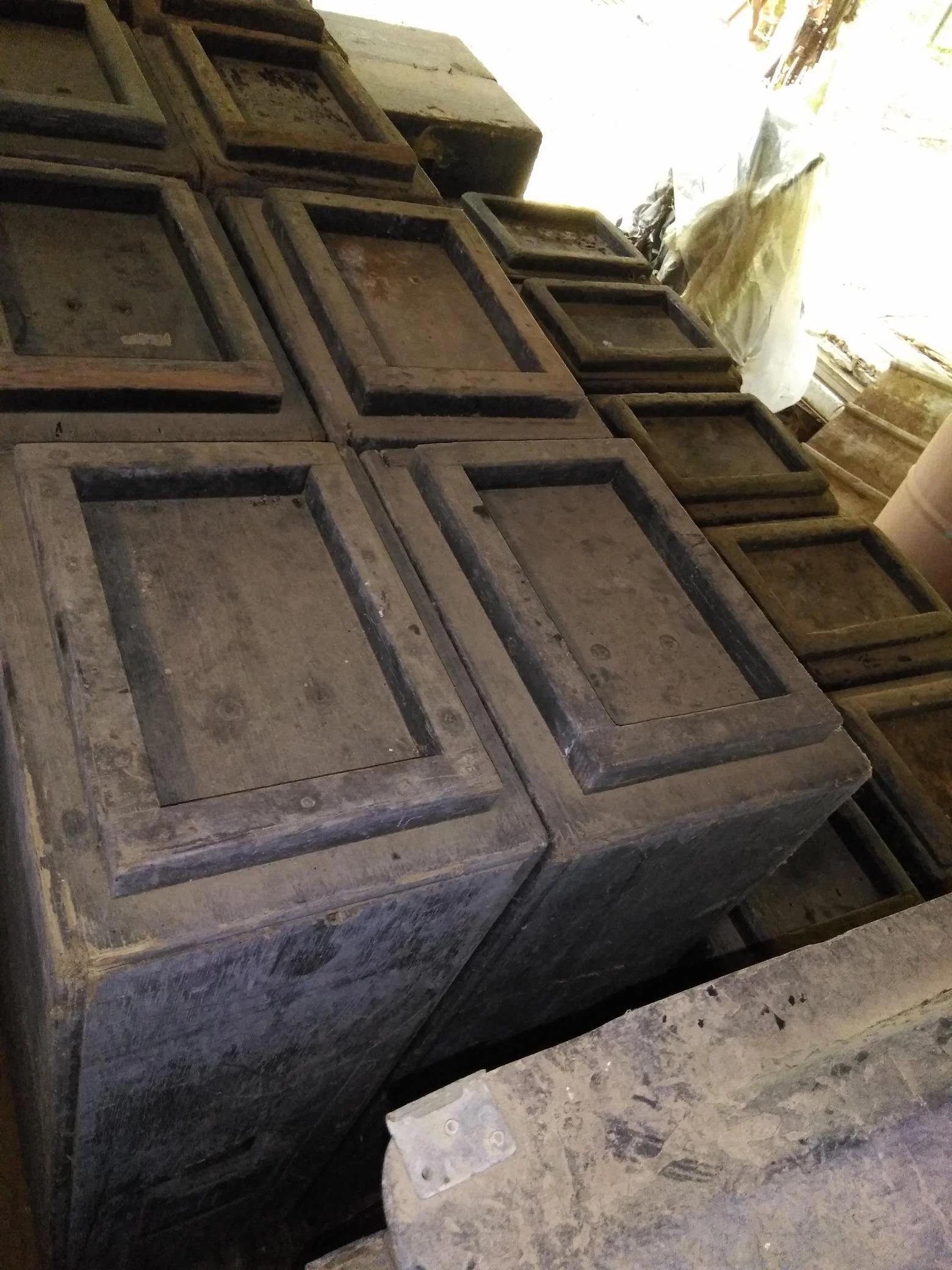 Vintage Showco speaker enclosures and horns in storage. The seller reported purchasing the collection at a Sound Productions auction and described it as equipment used by Led Zeppelin, Three Dog Night, and The Who.