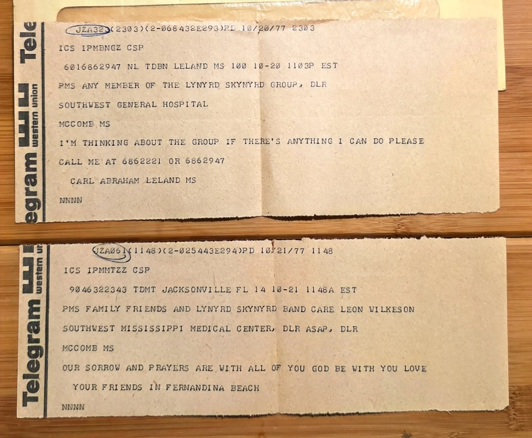 Messages of support preserved by the Kretzschmar family after the 1977 Lynyrd Skynyrd crash.