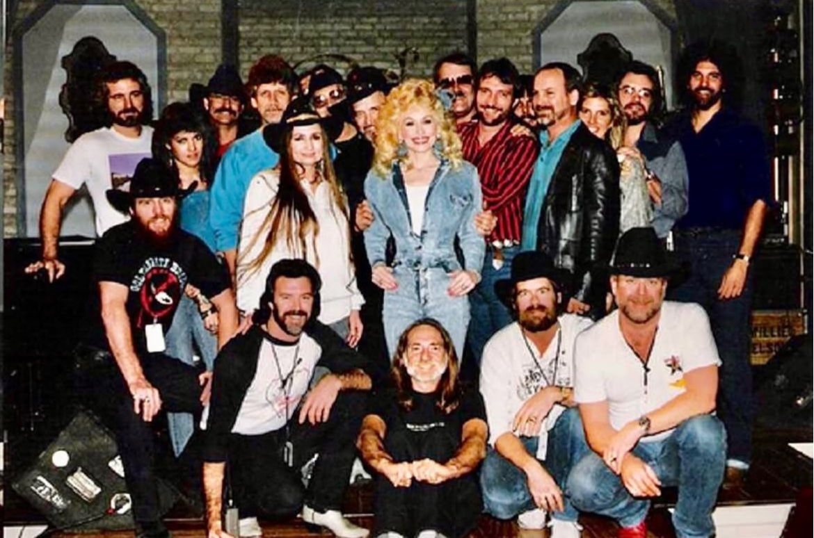 Dolly Parton, Willie Nelson, Budrock plus crew 1980s