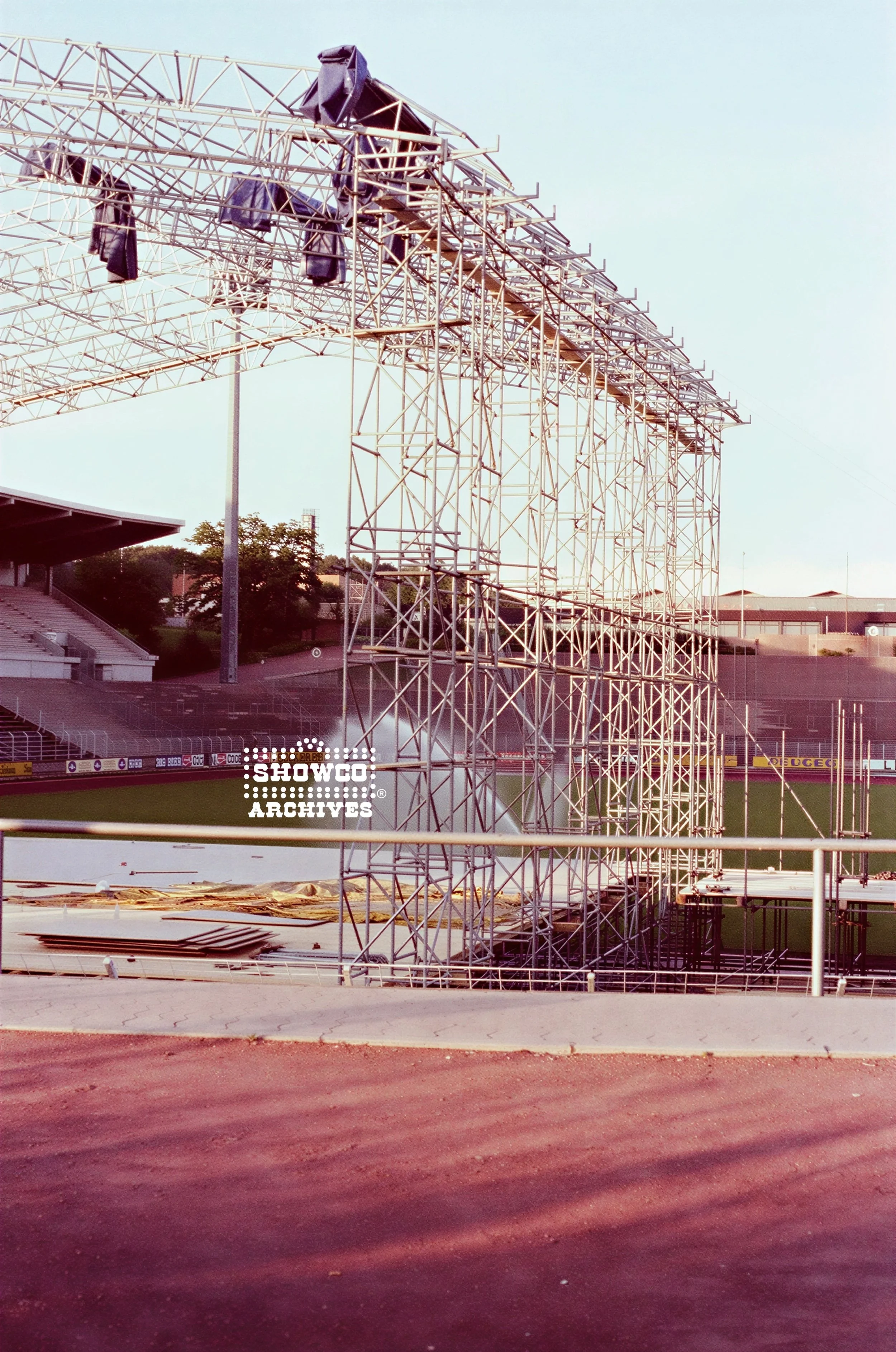 Stage structure and lighting rig during setup for Summertime Open Air Festival, Ulm, Germany, 1978. Courtesy of the Showco Archives.