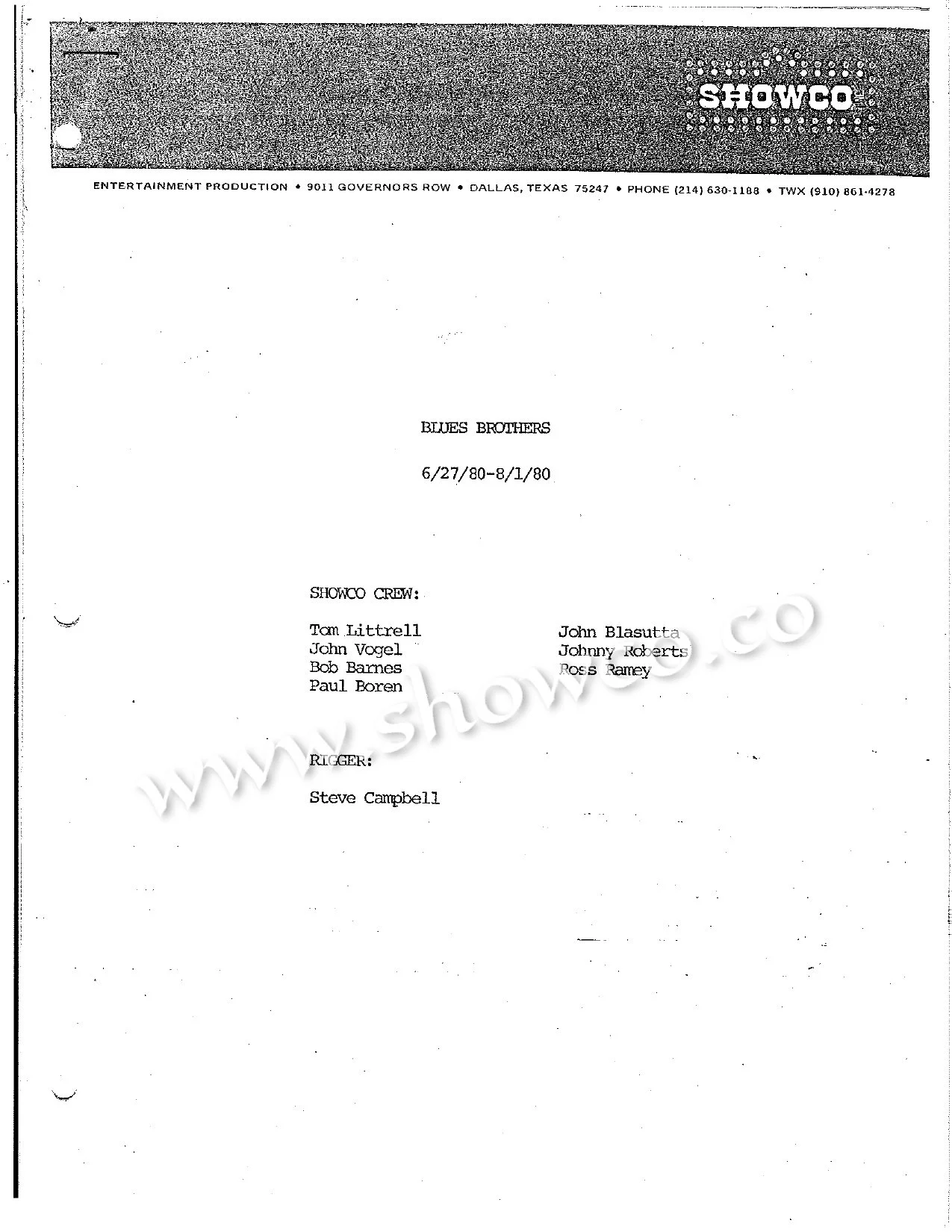 Blues Brothers cover page 1980 Itinerary