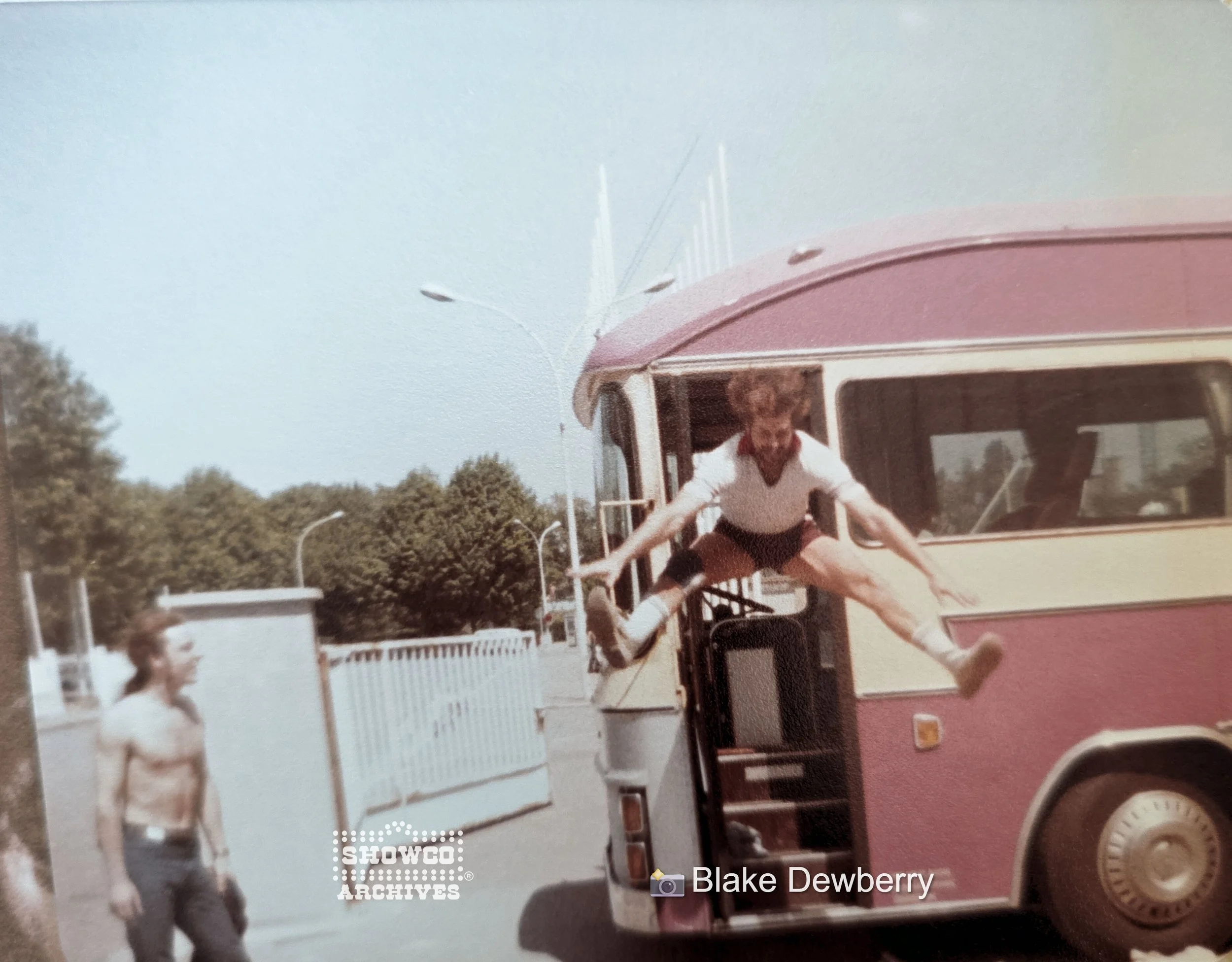 Blake doing the splits like David Lee Roth off the bus. 1980 Van Halen Invasion tour