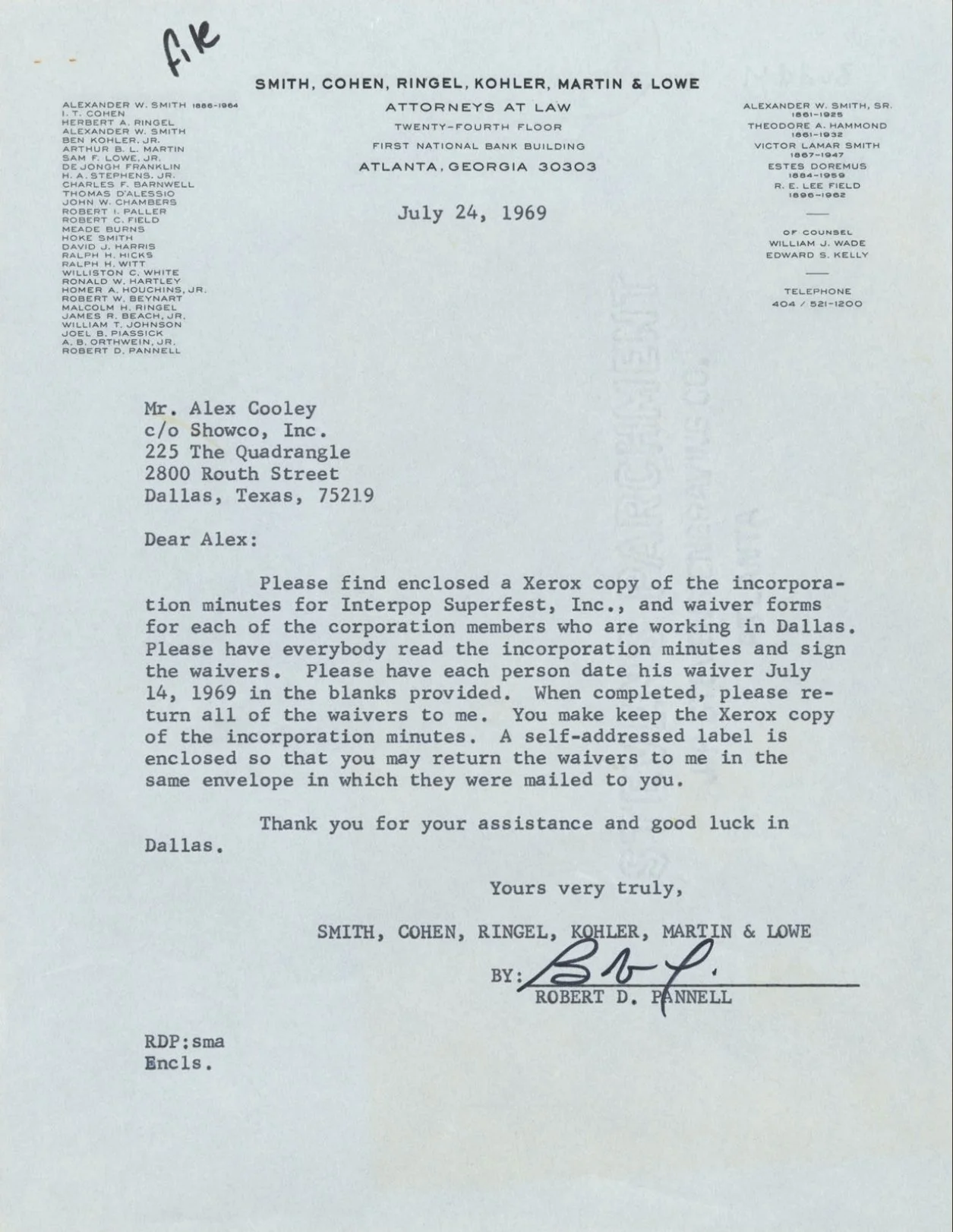 July 24, 1969 letter addressed to Alex Cooley care of Showco, Inc. at The Quadrangle in Dallas, concerning Interpop Superfest, Inc.