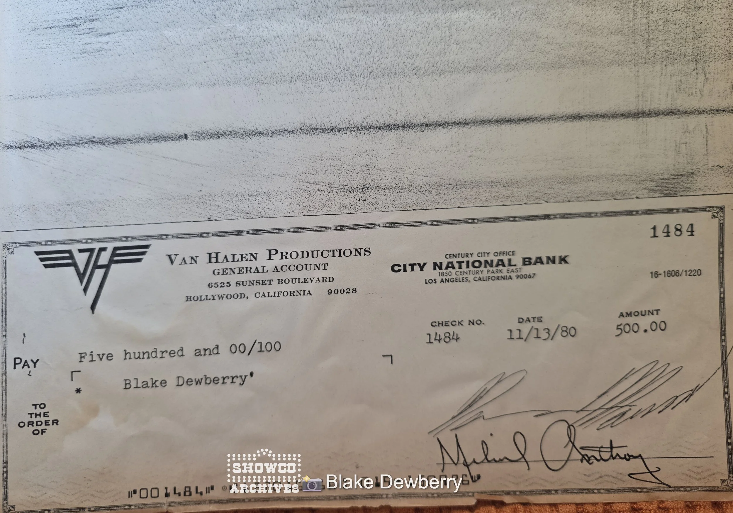 11-13-1980 Bonus check to Blake from Van Halen Productions. 
