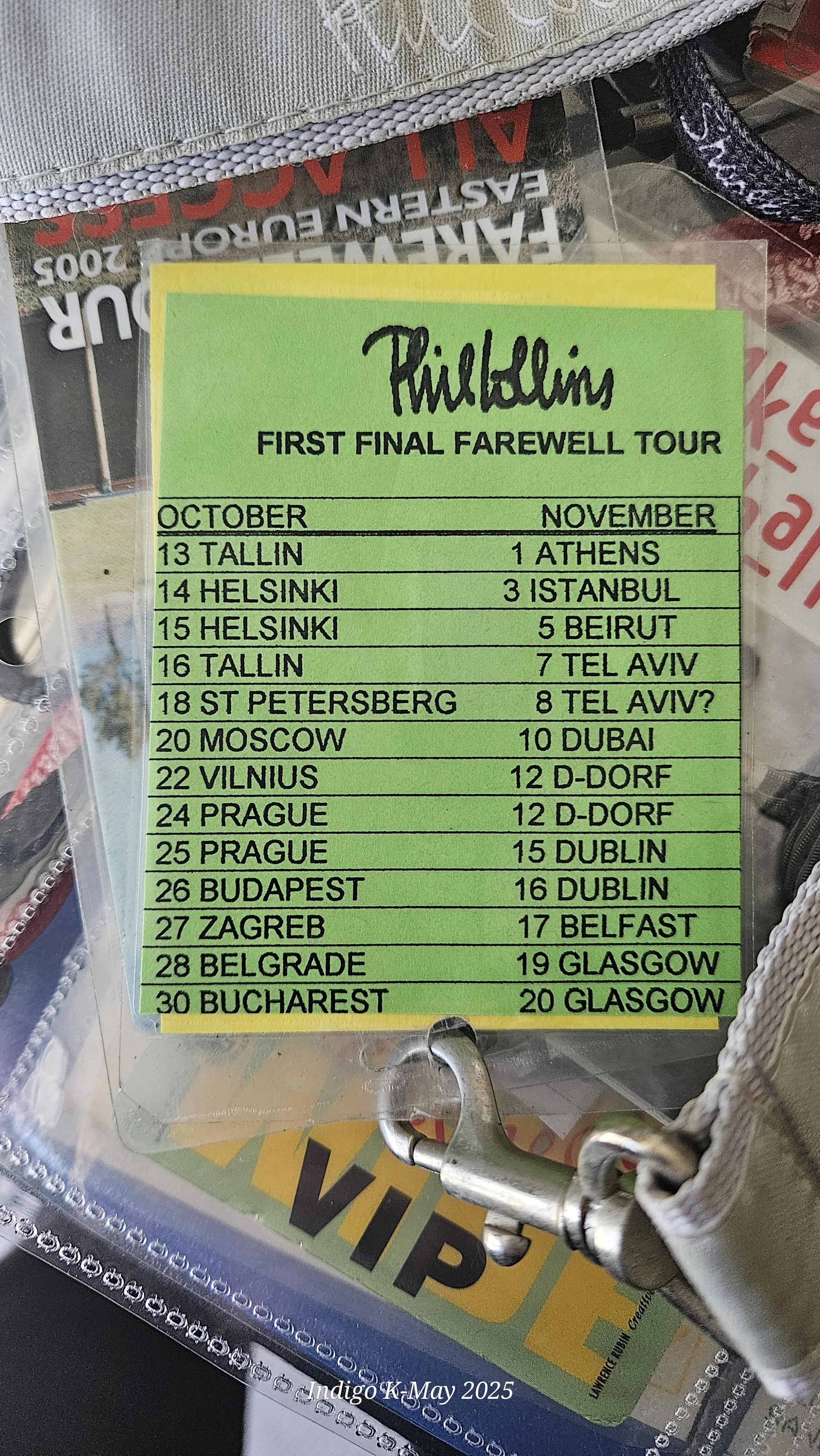 First Final Farewell Tour itinerary card and partially visible Eastern Europe 2005 All Access pass. Joey Chardukian Collection