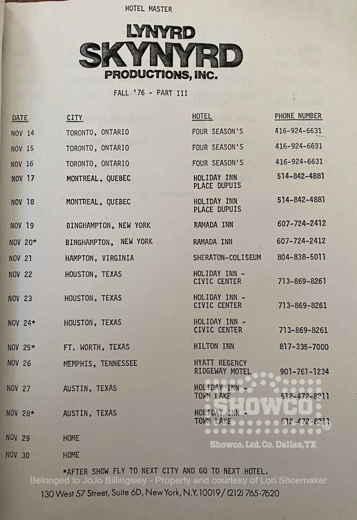 1976 Lynyrd Skynyrd Itinerary