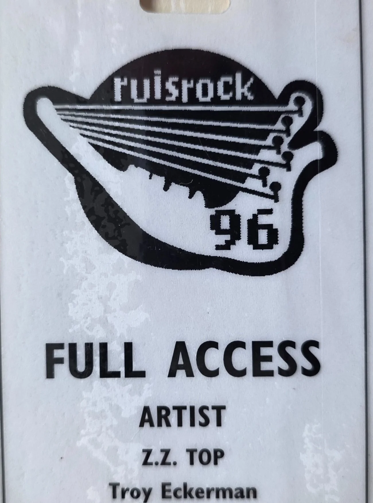 1996 ruisrock ZZ Top / Troy Eckerman full access artist pass. Courtesy of the Sizemore Estate.