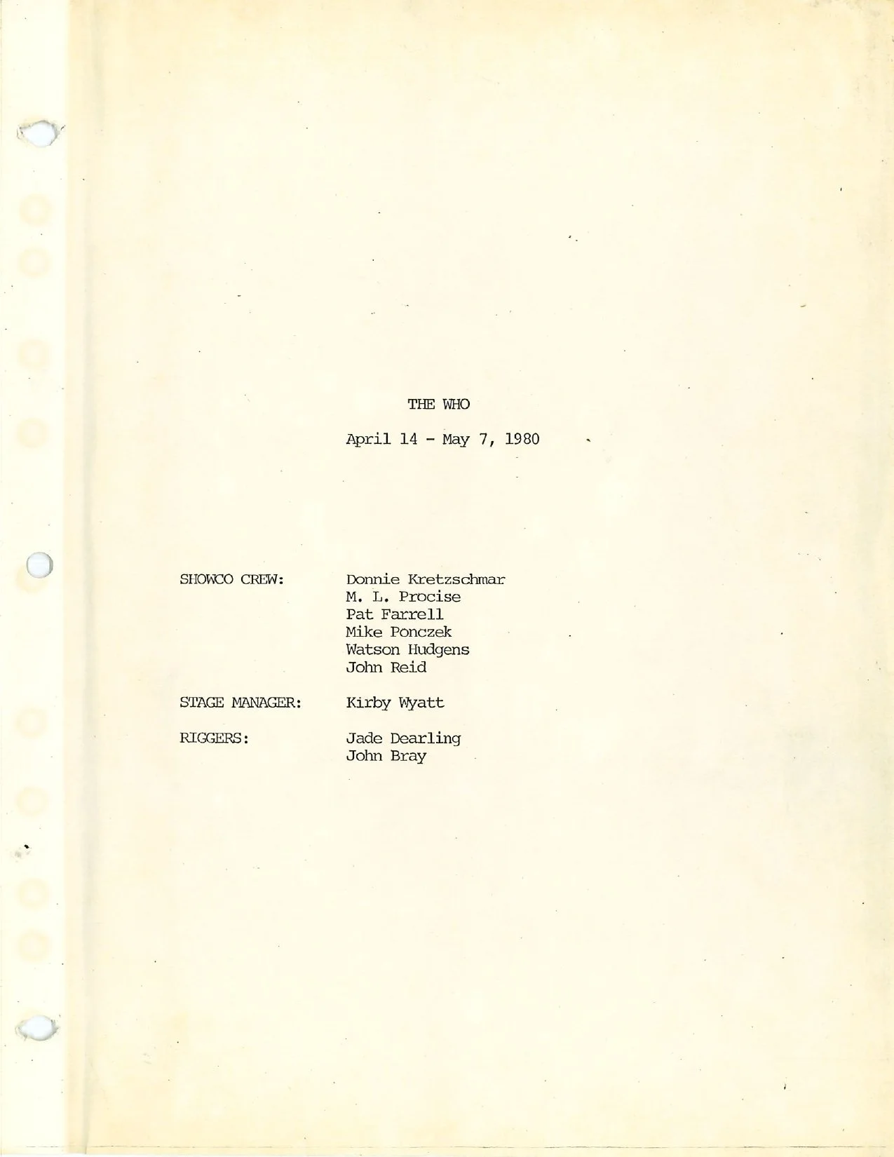 The Who April 14-May 7, 1980 Tour Crew cover page