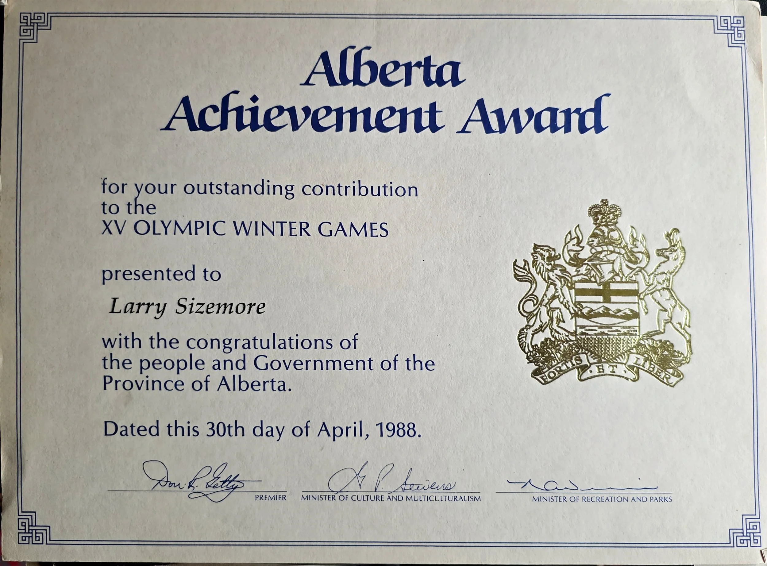 Larry's Achievment Award for his contribution to XV Olympic Winter Games