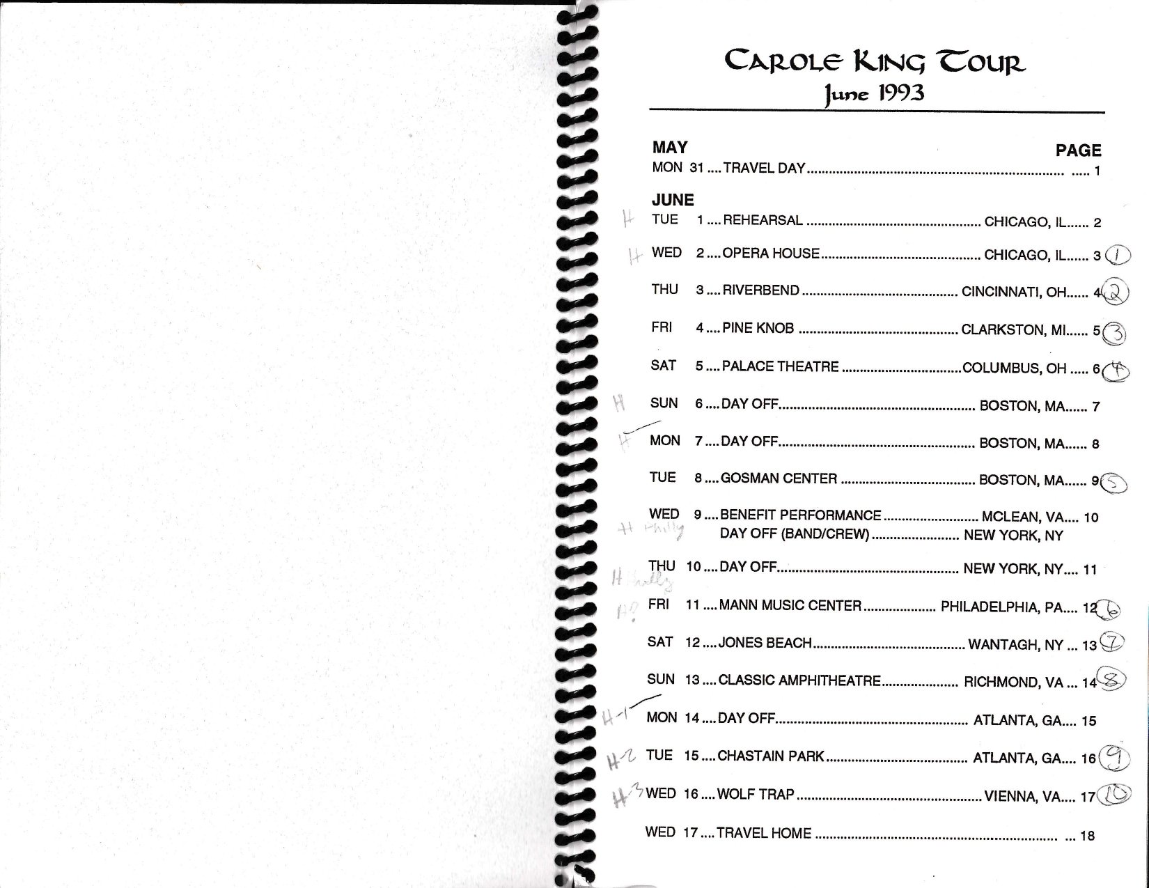 Carole King’s 1993 Colour of Your Dreams tour itinerary: May–June tour schedule.