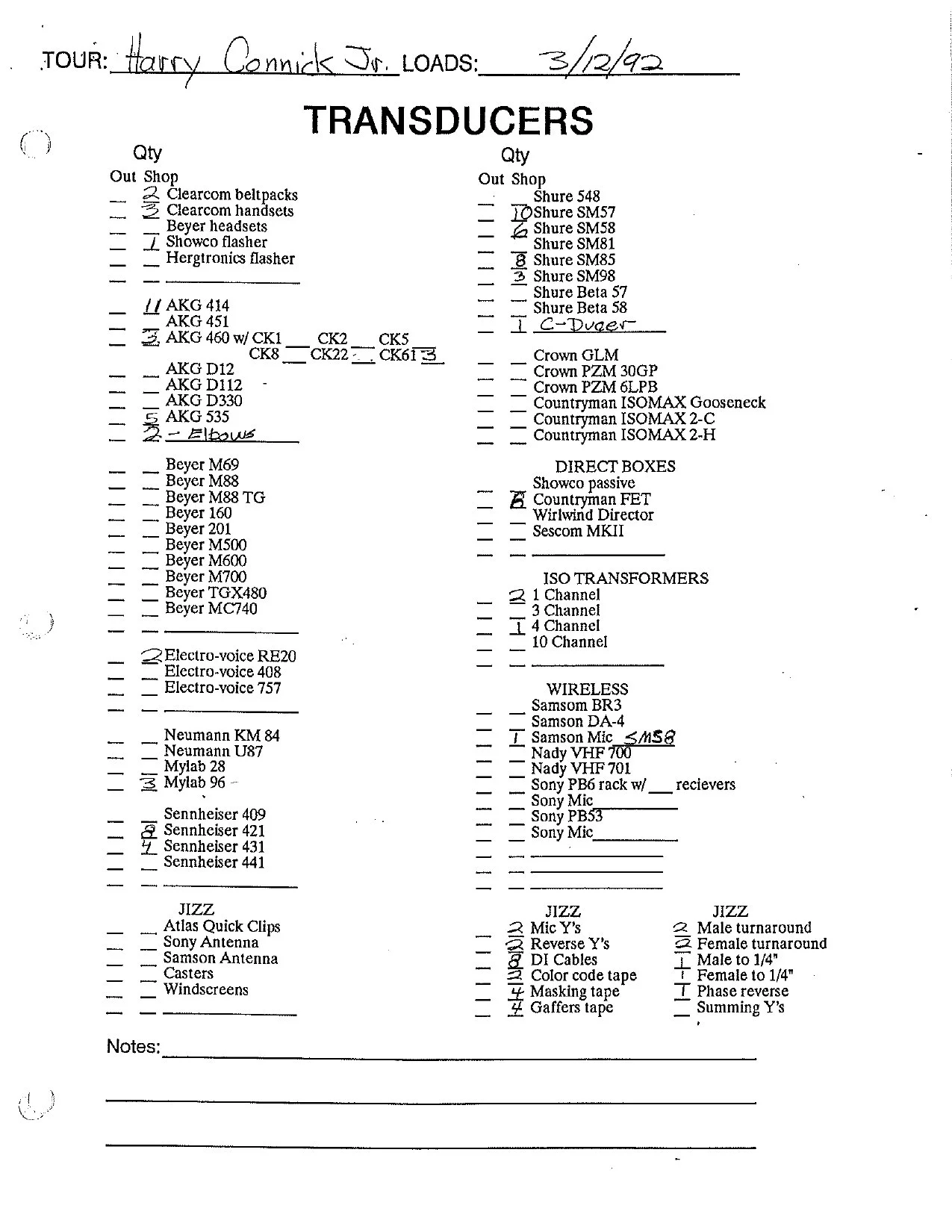 Harry Connick Jr. 1992 tour-system equipment checklist, page 6.