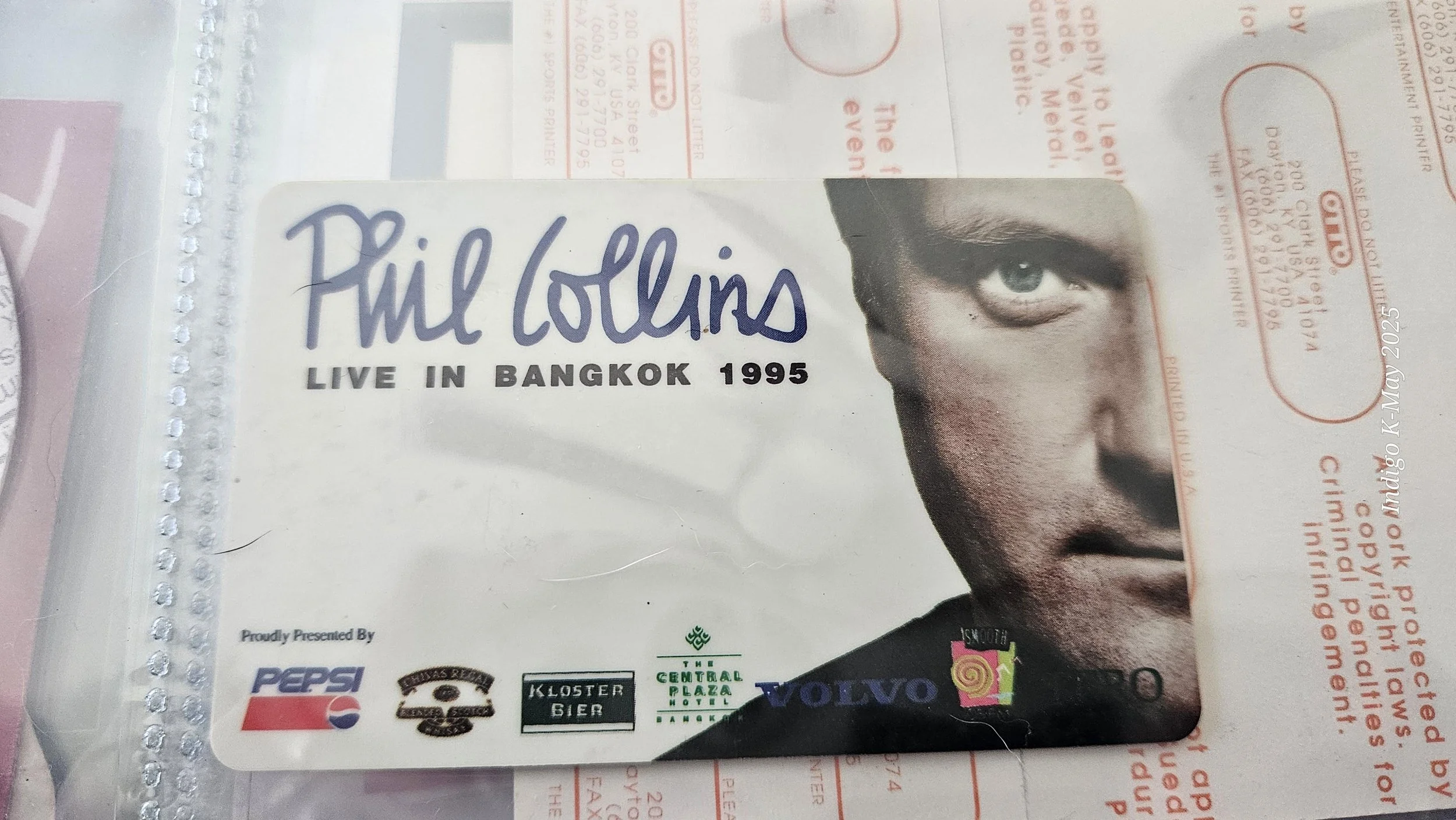 Phil Collins Live in Bangkok 1995 ticket/pass, portrait side. Joey Chardukian Collection.