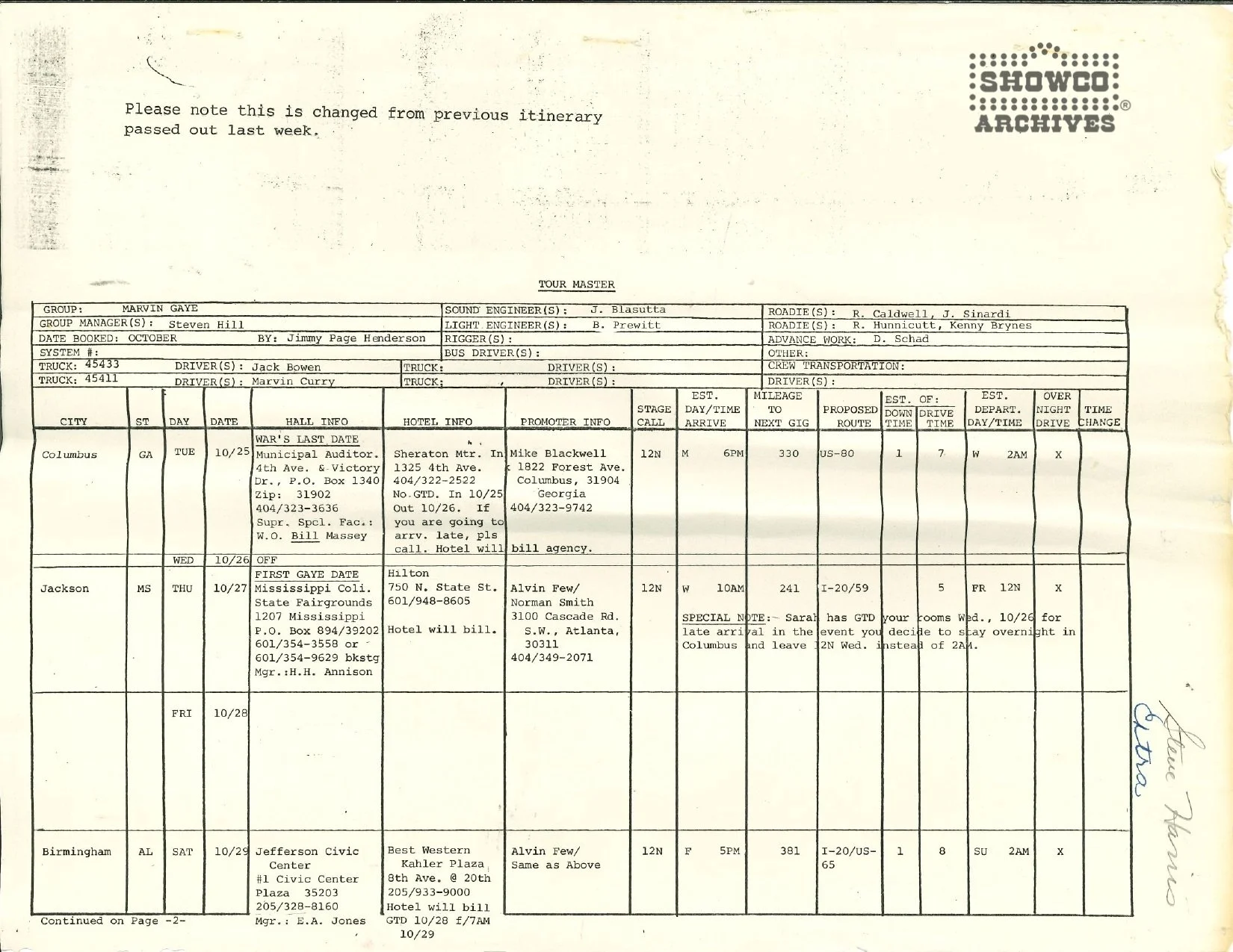Marvin Gaye 1977 Tour Itinerary P. 1