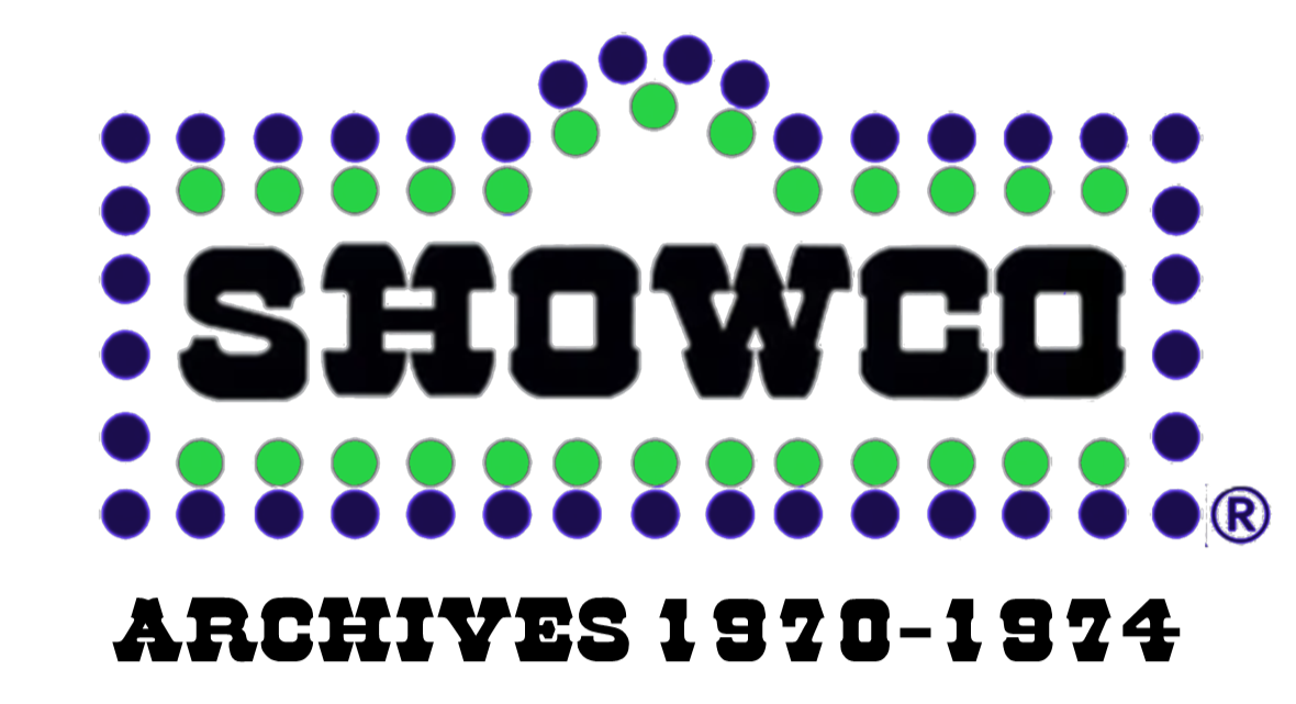 Logo with the word 'SHOWCO' and 'ARCHIVES 1970-1974' underneath, surrounded by green and blue dots.