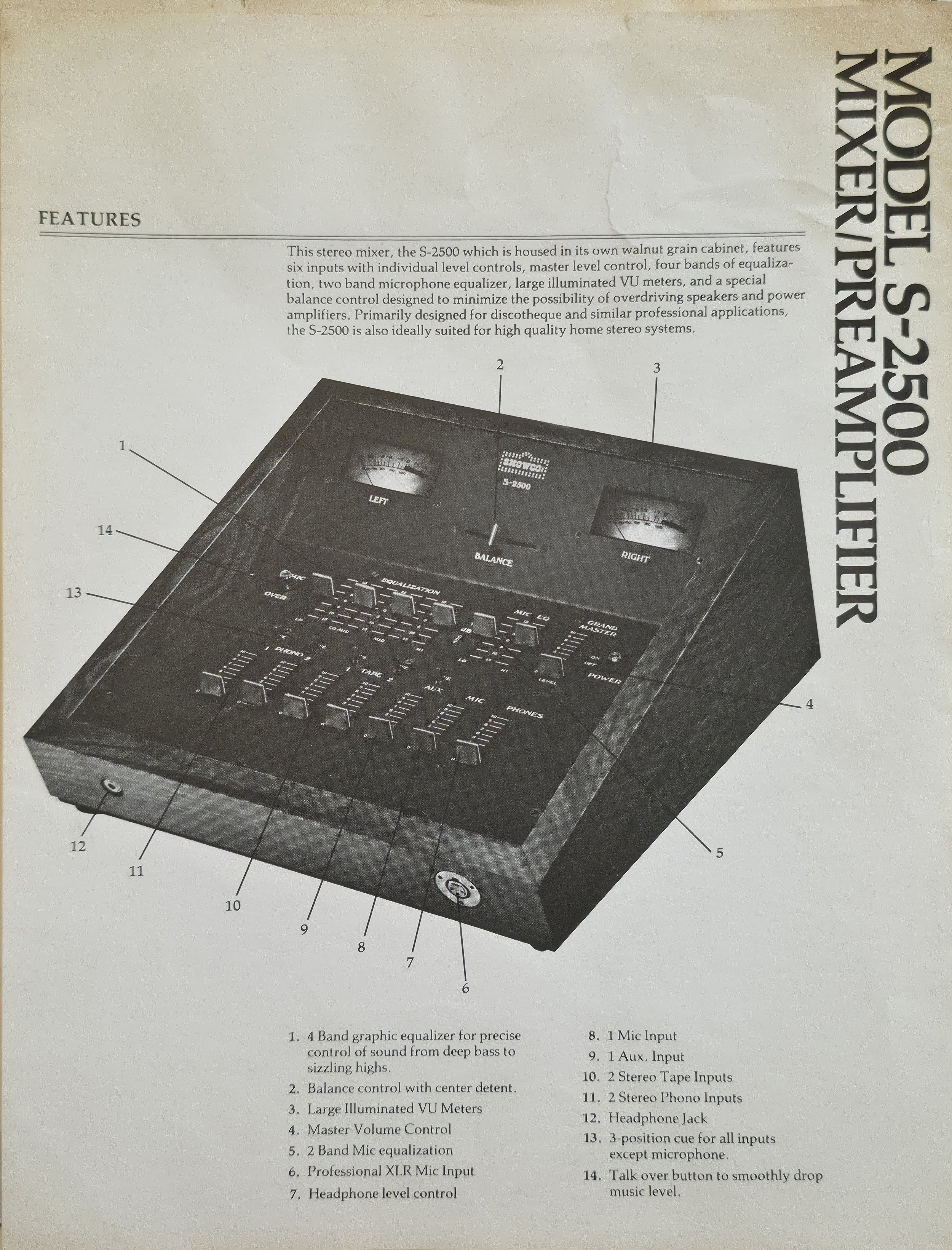 Showco Model S-2500 mixer/preamplifier - features and controls.