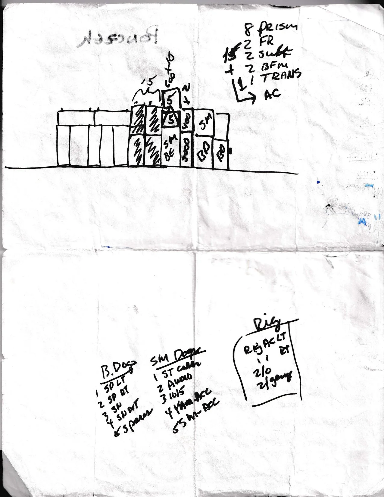 Carole King 1993 tour sound-system sketch with handwritten speaker and equipment notes.