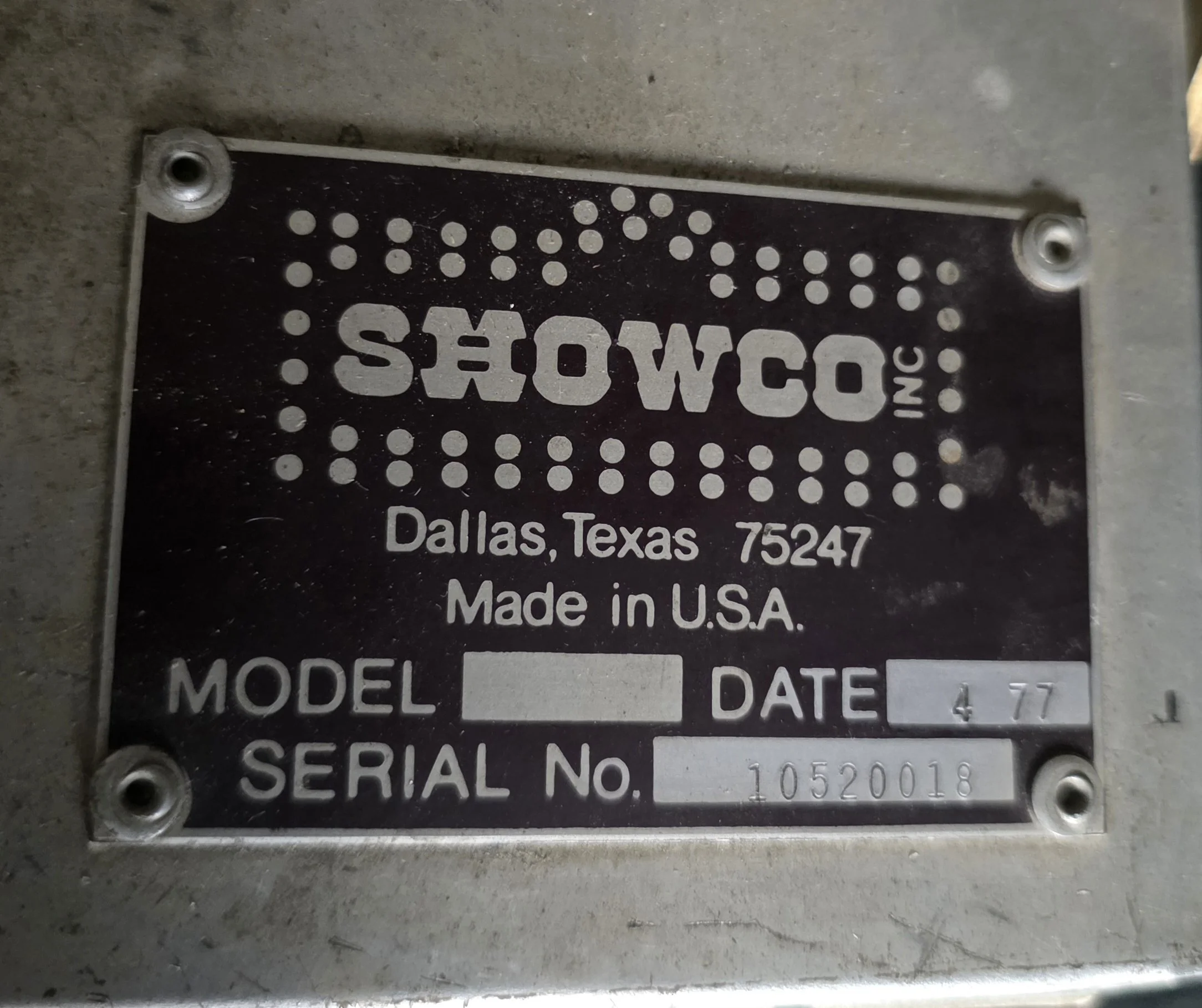 Identification plate on the donated Showco yellow mixer, dated April 1977.