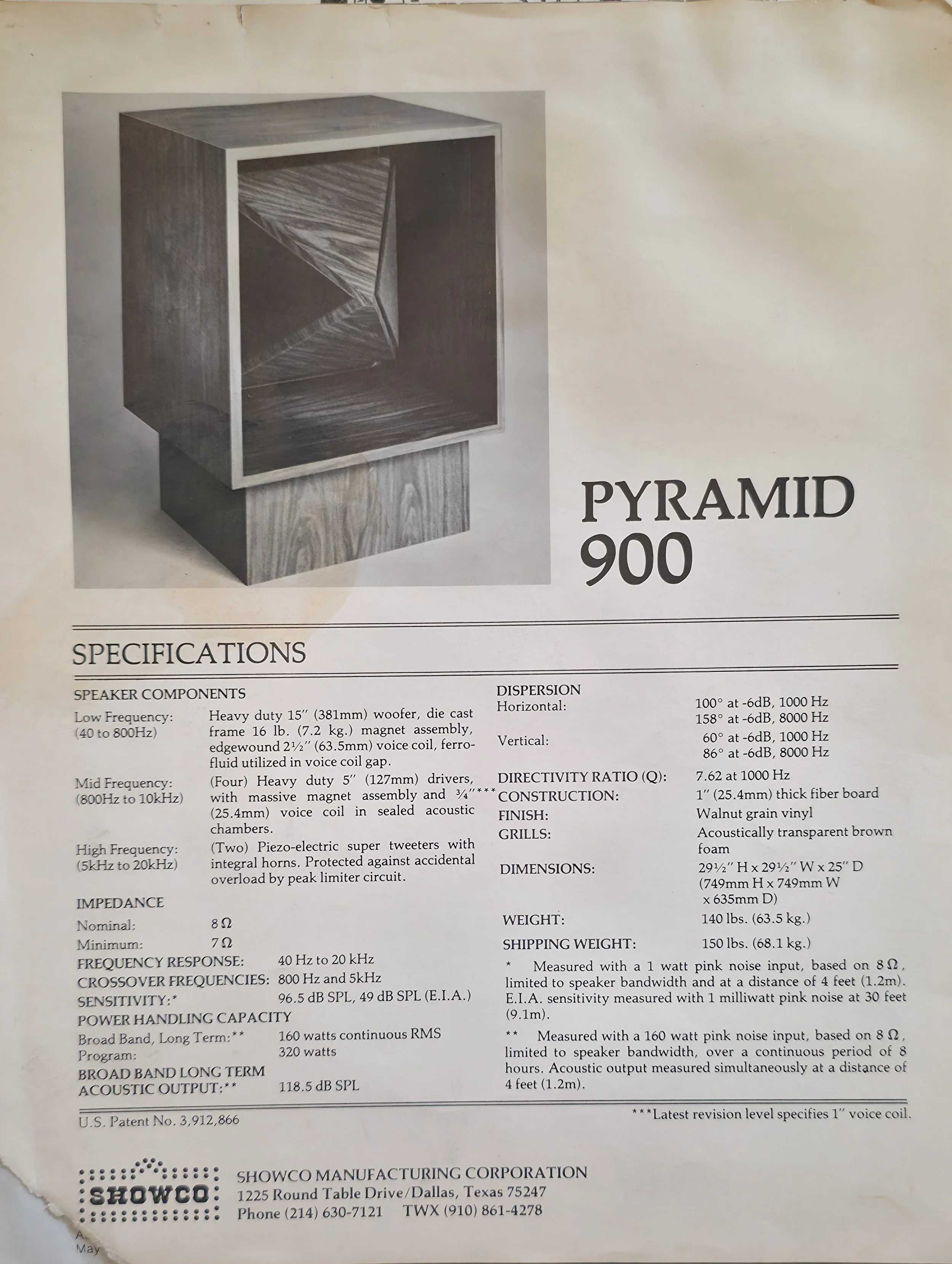 Showco Pyramid 900 loudspeaker system - specifications.