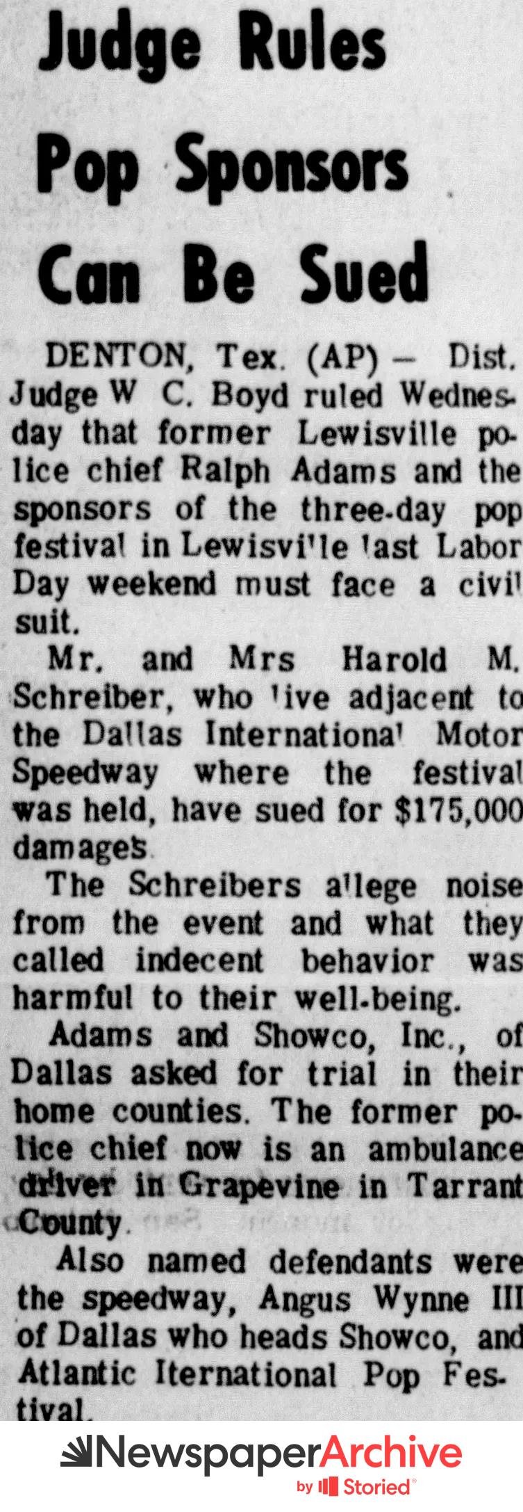 Black-and-white newspaper clipping with the headline 'Judge Rules Pop Sponsors Can Be Sued'.