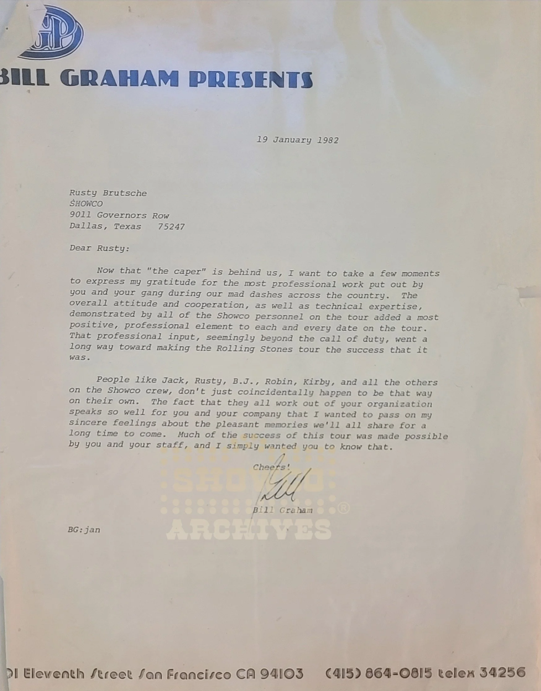 1-19-1982 letter to Rusty Brutsche from Bill Graham thanking him for Showco and the crews work on recent 'caper'. 