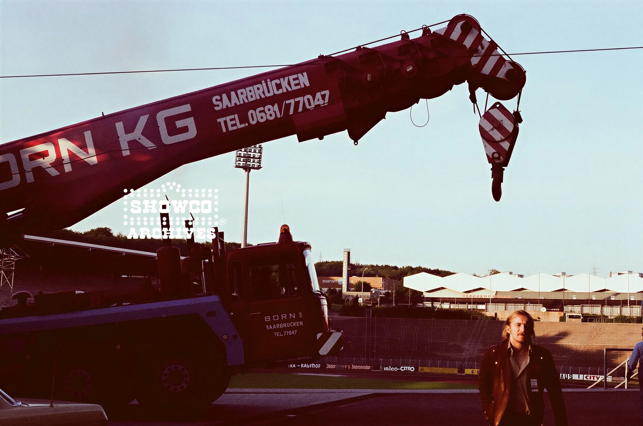 BORN KG Production crane and staging area at Summertime Open Air Festival, Ulm, Germany, 1978. Courtesy of the Showco Archives.