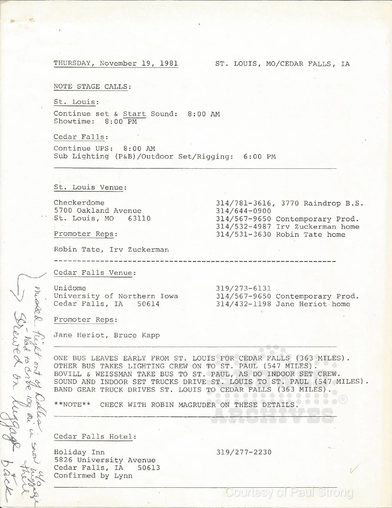 Scanned November 19, 1981 Rolling Stones itinerary for St. Louis and Cedar Falls, with handwritten notes about a missed Dallas flight, snow and missing luggage.