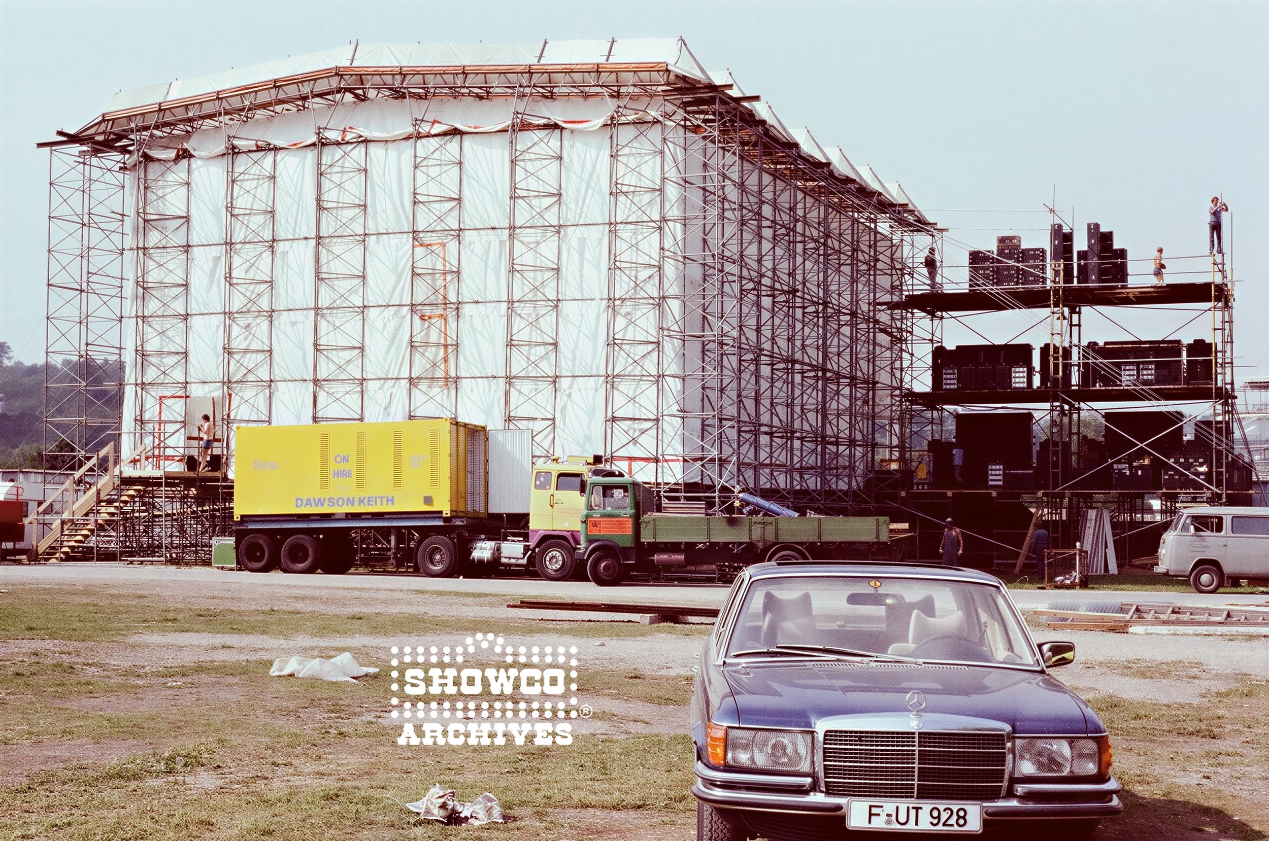Festival stage and production trucks at Summertime Open Air Festival, Ulm, Germany, 1978. Courtesy of the Showco Archives.