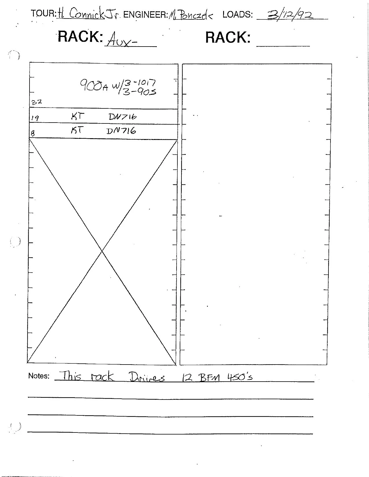 Harry Connick Jr. 1992 tour-system rack layout, page 5.