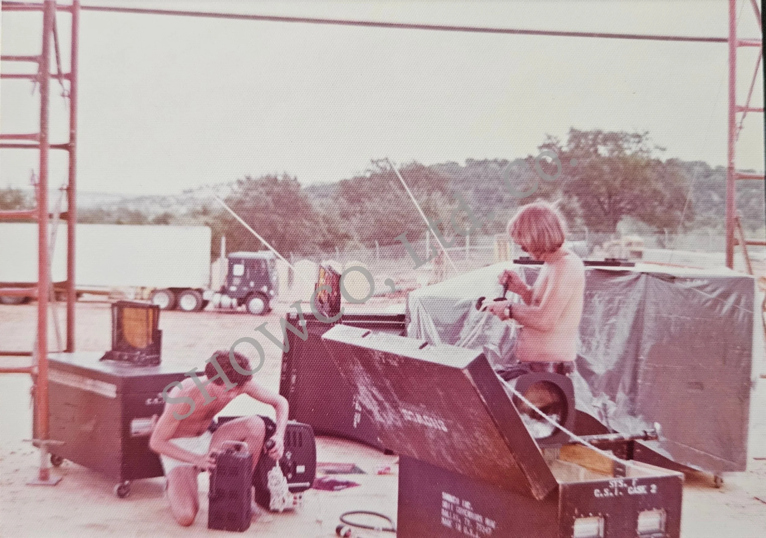 Sunshine fest 1975 crew set-up-Showco roadcase- Courtesy Chari Short