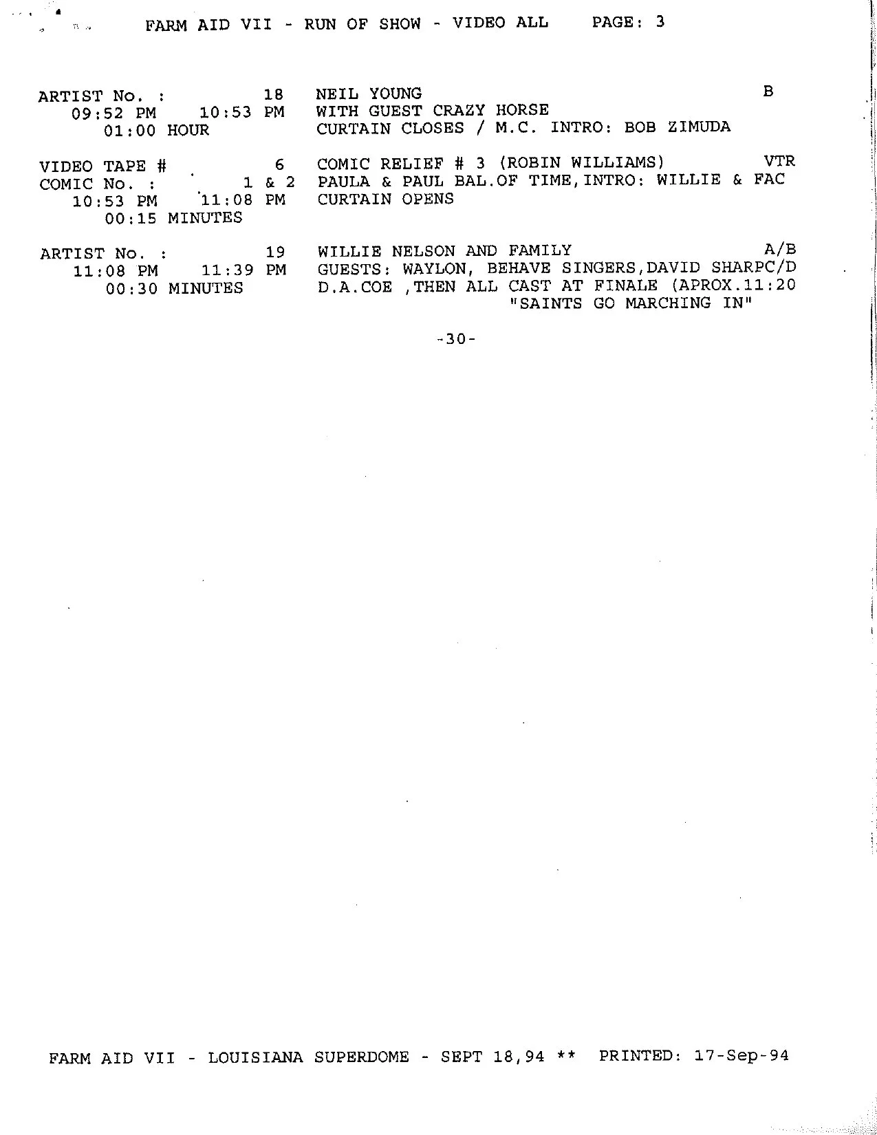 Farm Aid VII run-of-show, page 3 — September 18, 1994, Louisiana Superdome, New Orleans. Closing schedule for Neil Young with Crazy Horse, Willie Nelson and Family, and the finale.