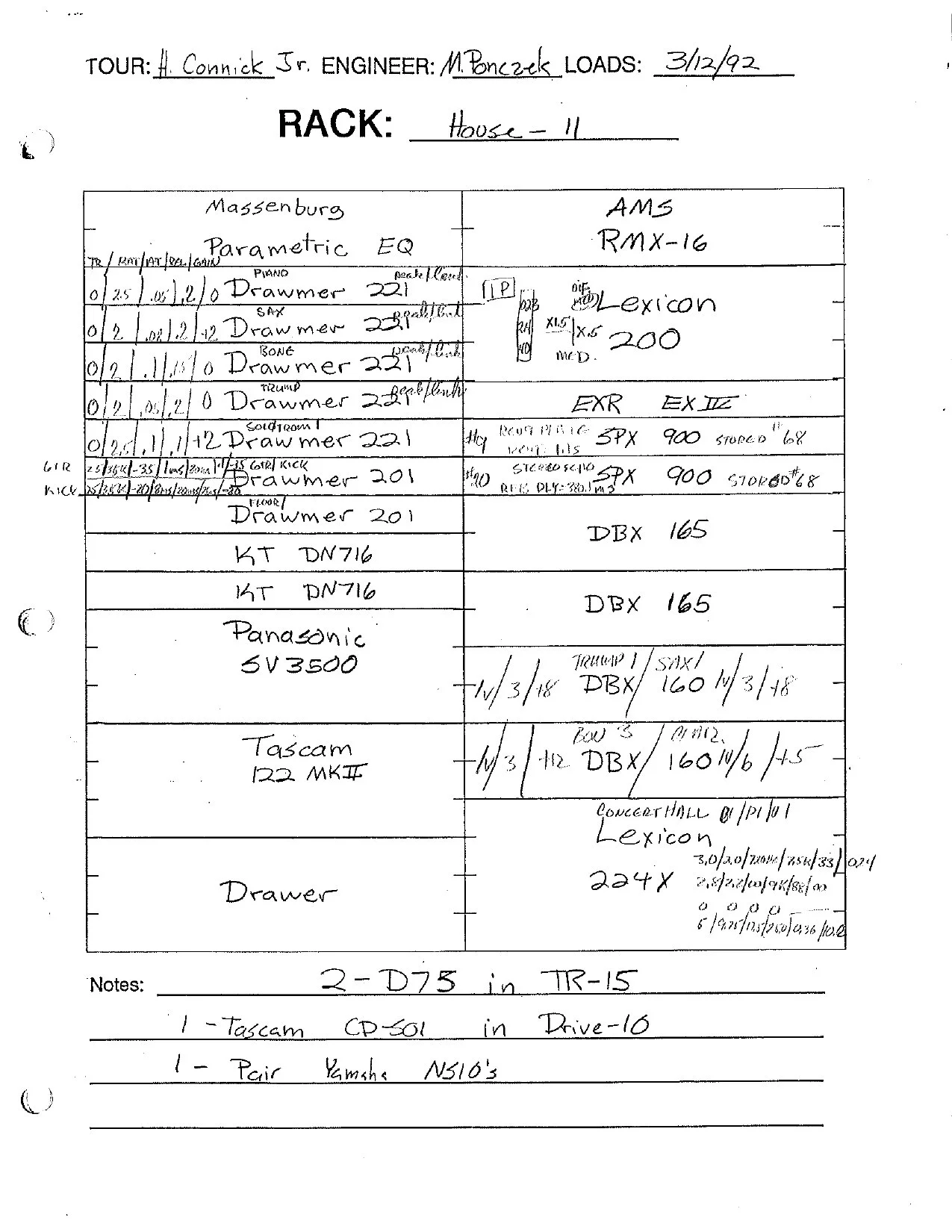Harry Connick Jr. handwritten equipment rack chart and setup notes.